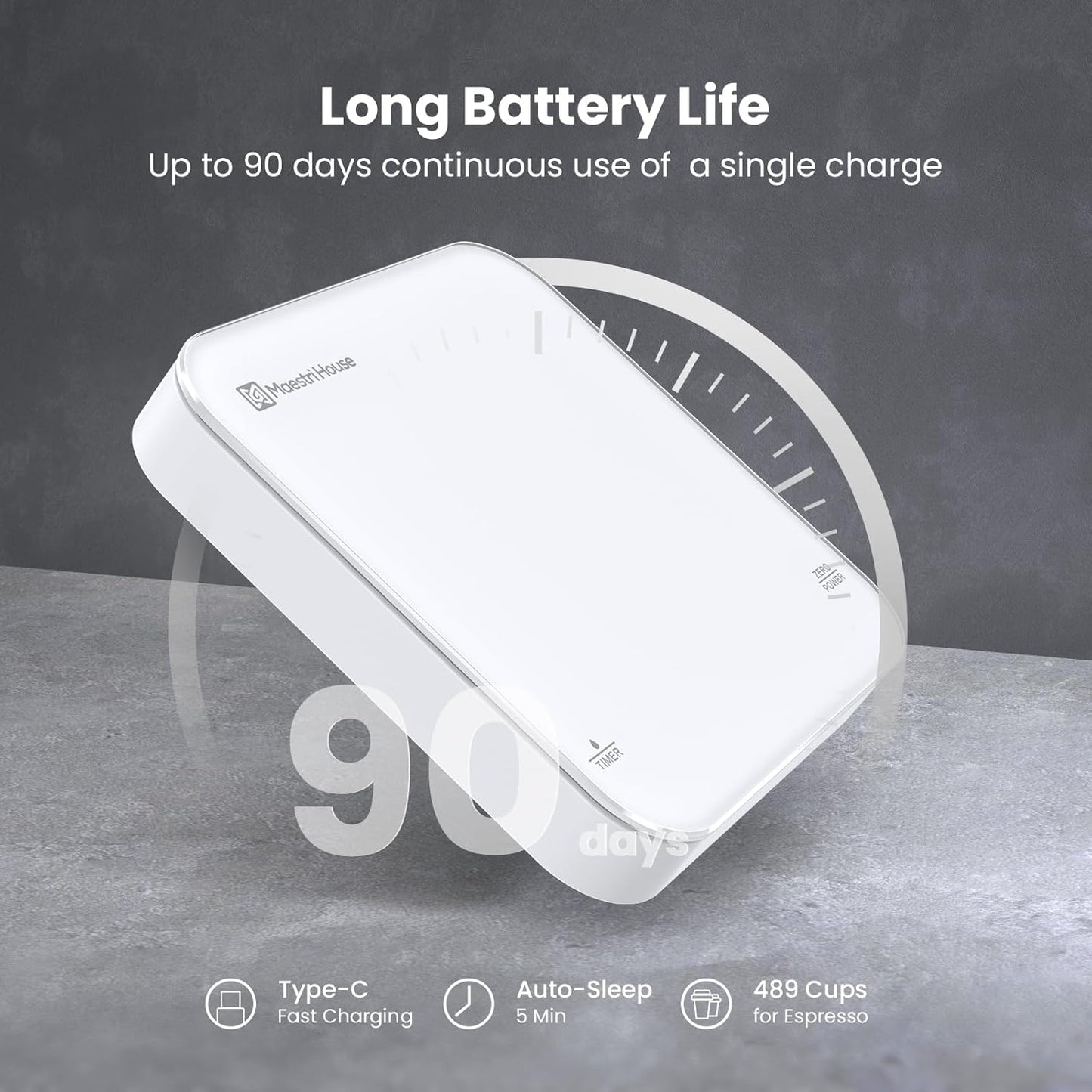 Rechargeable Mini Coffee Scale with Timer, Maestri House Espresso Scale, 2kg/0.1g Accurate Scale for Espresso and Pour-Over Coffee, Portable Digital Kitchen Scale with Automatic Timing（White）