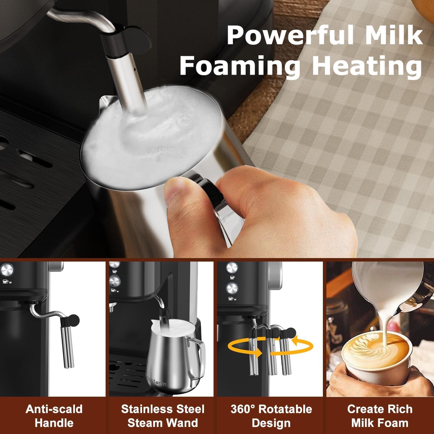 2in1 20 Bar Espresso Machine with Milk Frother, Coffee Latte Cappuccino Maker for Home, Coffee Machine Suitable for Coffee Powder/Capsules, Espresso Machines with Thermometer