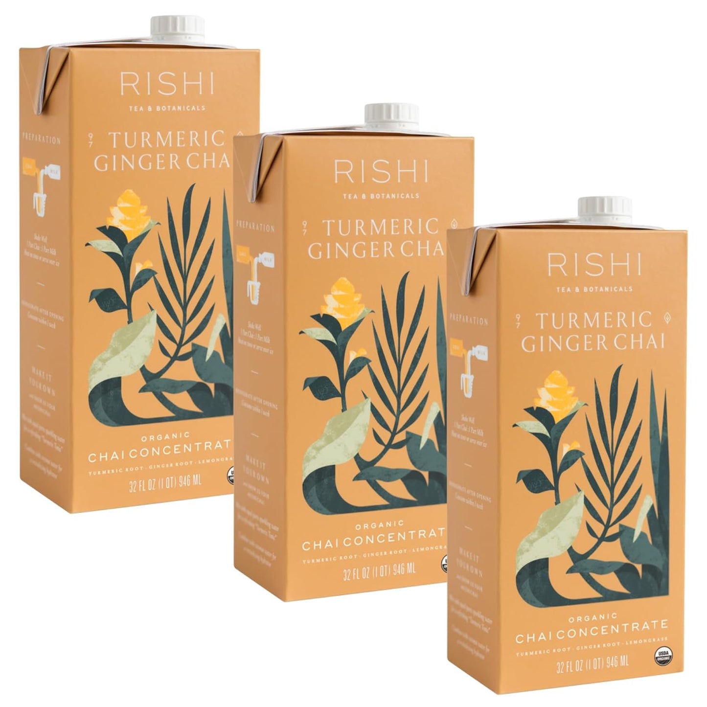 Rishi Tea Turmeric Ginger Chai Latte - Organic Herbal Tea Concentrate with Ayurvedic Ginger, Easy-to-Serve Hot or Iced Caffeine Free Chai Mix - 32 oz Carton, 8 Servings (Pack of 3)