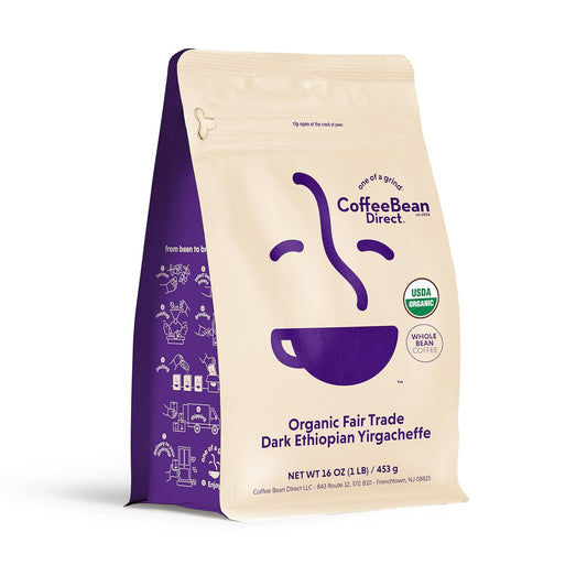 Coffee Bean Direct Organic Fair Trade Ethiopian Yirgacheffe, Whole Bean Coffee, Dark Roast, 1 Pound Bag (Pack of 1)