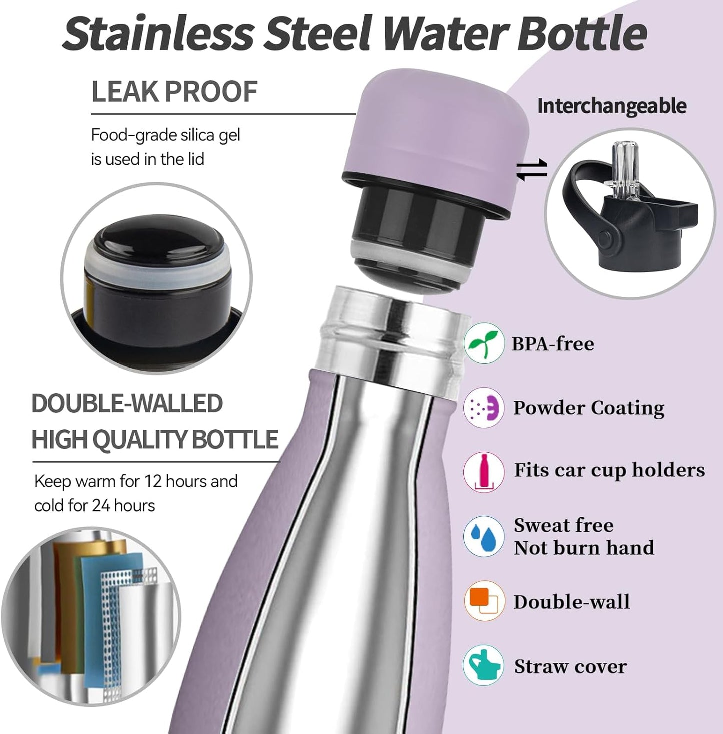 Insulated Water Bottle, 17oz Stainless Steel Water Bottles with straw lid, Metal Sports Water Bottles for Boys,Girls, Double Wall Vacuum BPA-Free Flask for School, Sports (Light purple)