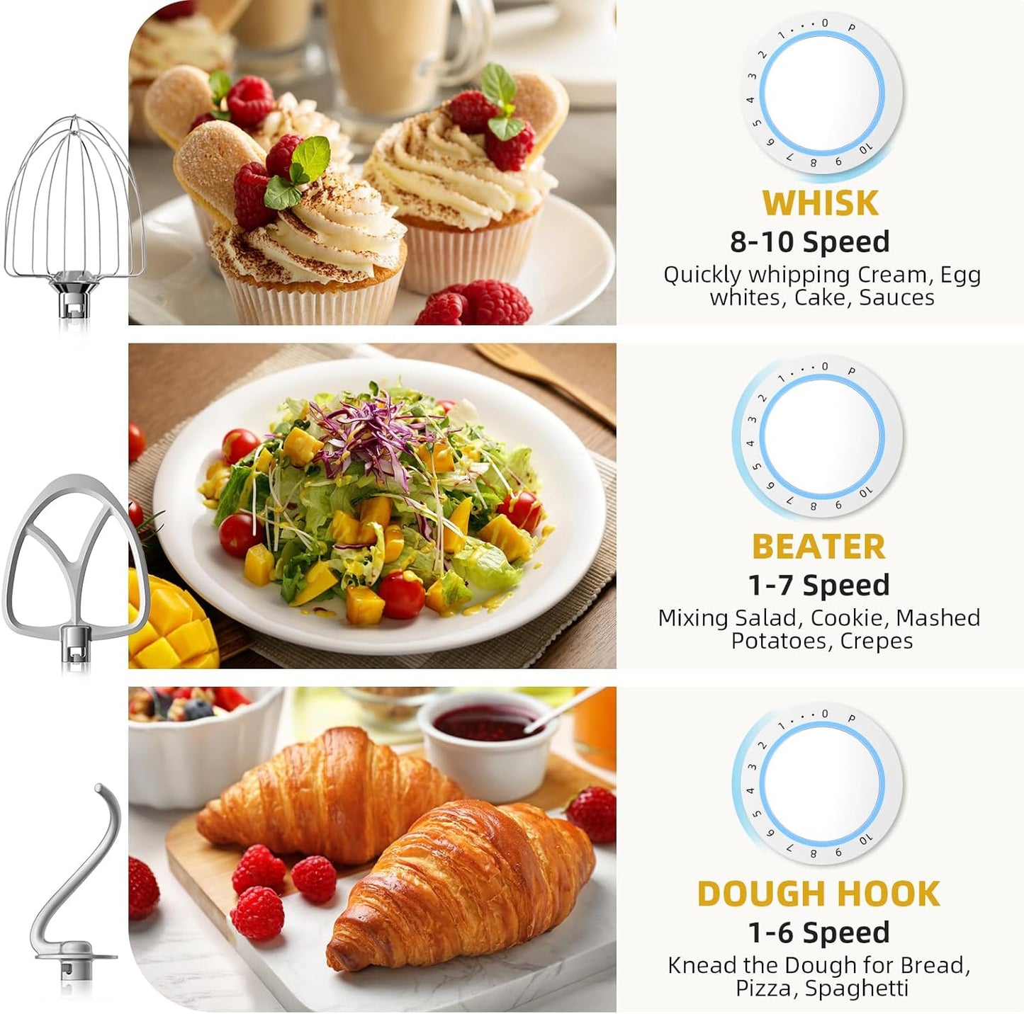 Stand Mixer, 6QT 10+P Speed Tilt-Head Kitchen Electric Mixer, Food Mixer with Stainless Steel Bowl, Dough Hook, Flat Beater, Wire Whisk, Splash Guard for Daily Use - Black