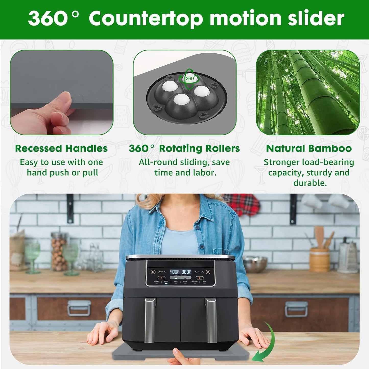 Appliance Slider 360° Rolling Tray for Coffee Maker- Bamboo Coffee Pot Slider Tray for Countertop Rotation Sliding Tray with Wheels, Appliances Mat Easily from Under the Cabinet, Gray (15.7"×13")