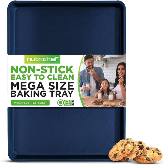 NutriChef Extra Large Nonstick Cookie Sheet Baking Pan, XL Size 22 Inch x 16 Inch, Premium Carbon Steel Oven Baking Sheet for Cookies, Jelly Rolls, & Pastries - Blue Diamond, NCLG1BD