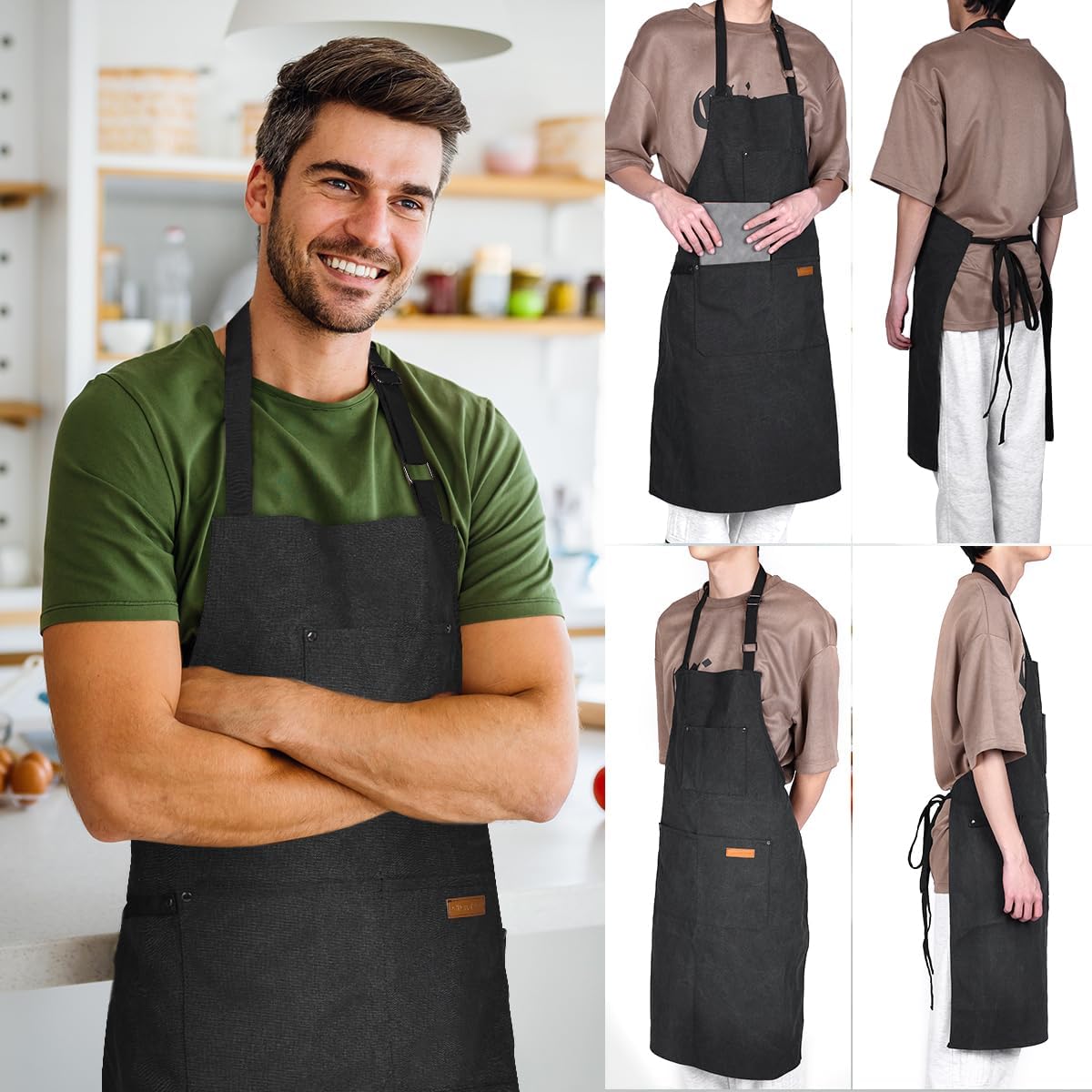 Chef Cooking Aprons for Men Women Thickened Canvas Cotton Apron with 4 Pockets for BBQ Work Kitchen (Black)