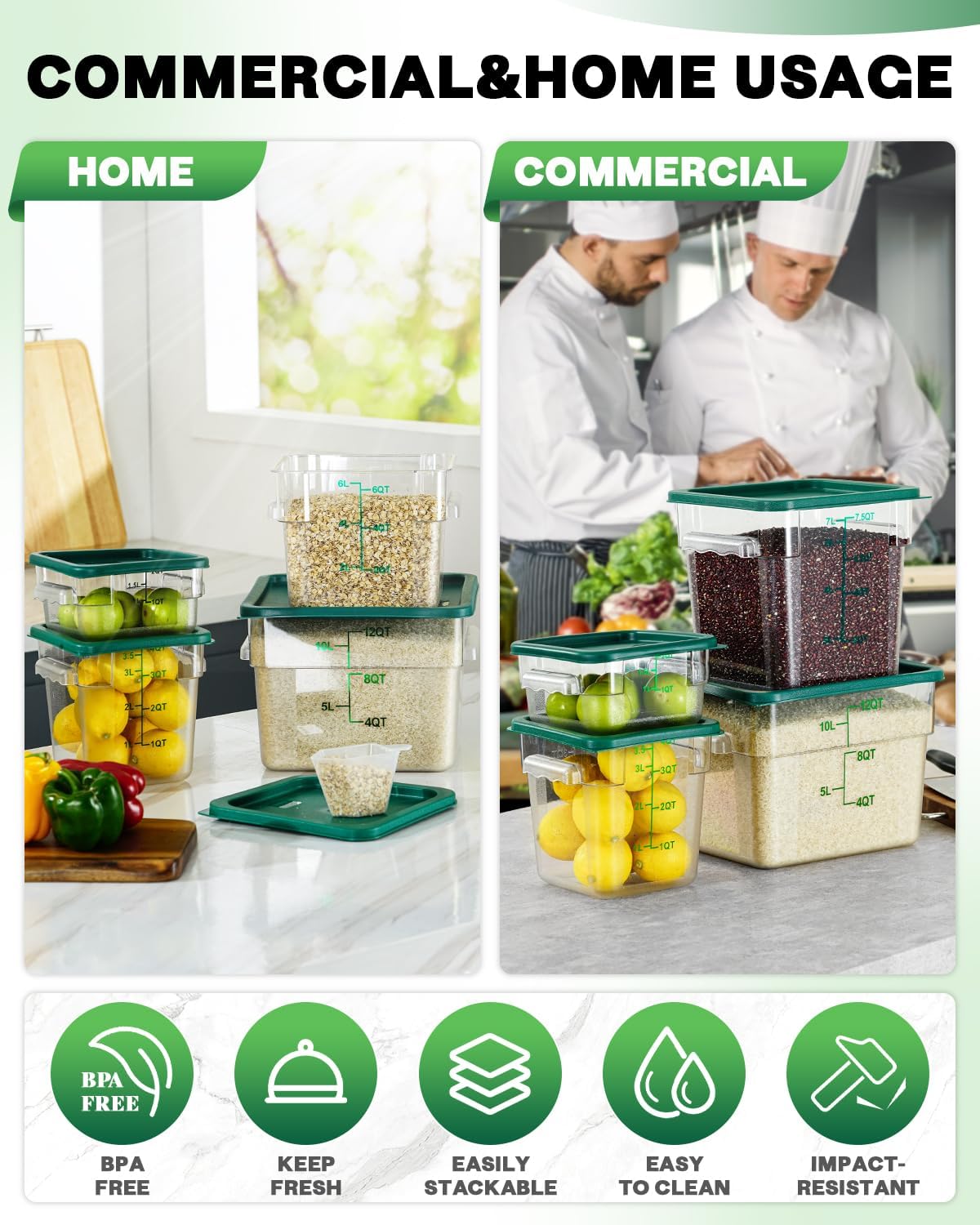 4QT NSF Food Storage Containers with Lids: 4 PCS [Total Food Grade][Hot&Cold Resistant] Commercial Clear Food Storage Containers for Restaurant Kitchen Proof Dough, Measuring Spoons Included(Green)