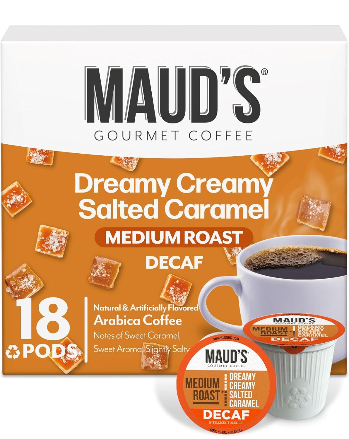 Maud's Decaf Salted Caramel Flavored Coffee Pods, 18 ct, Decaffeinated Medium Roast Flavored Coffee in Recyclable Single Serve Pods – 100% Arabica Beans, Compatible with Keurig K Cups Maker