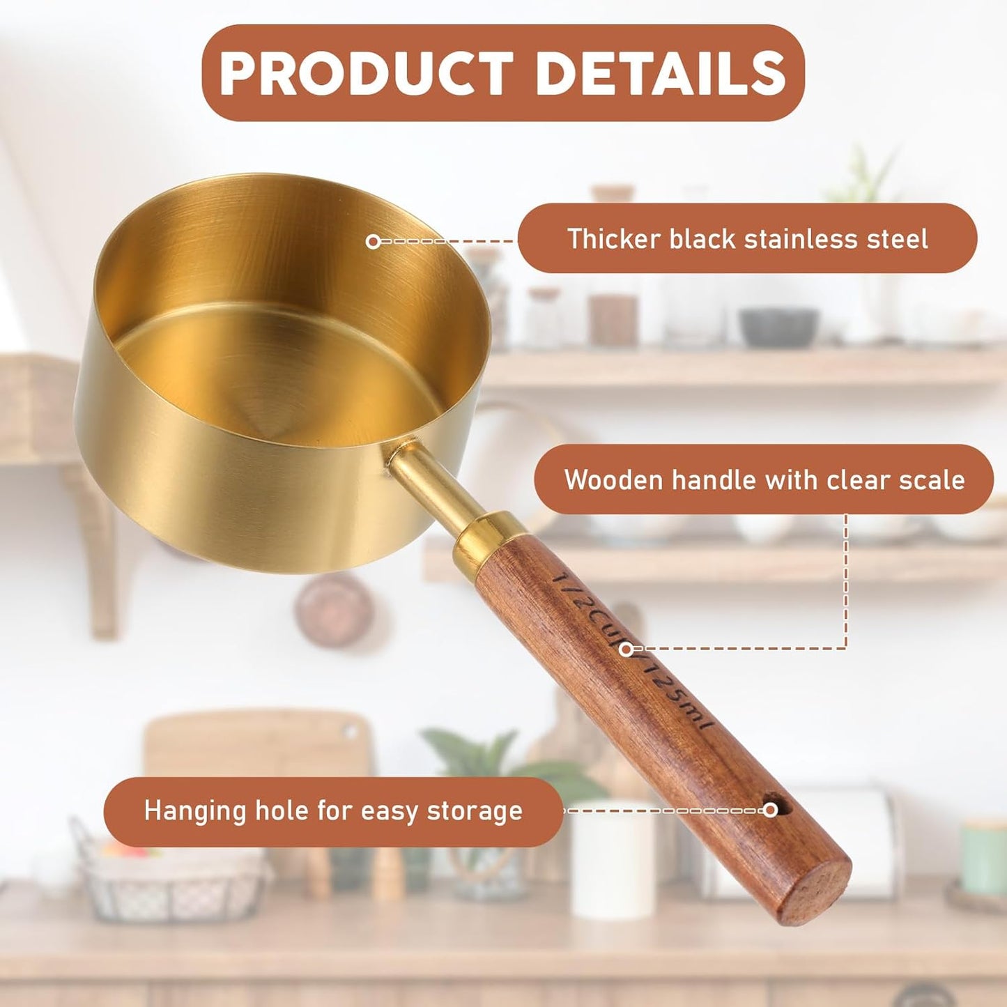 Stainless Steel Measuring Cups Set and Measuring Spoons Wooden Handle Metal Measure Cups and Spoons for Cooking and Baking, Gold, 8 Piece