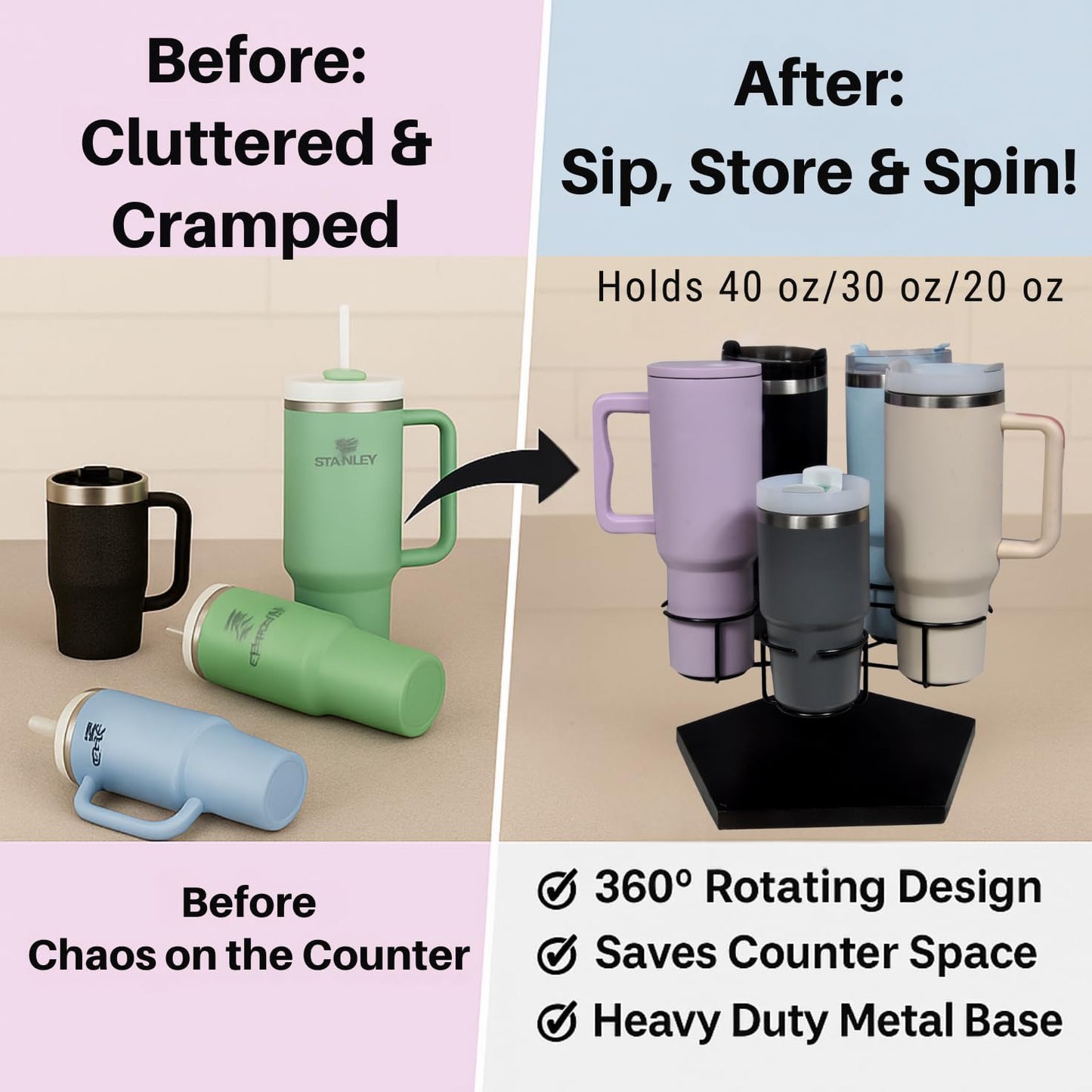 Stanley Cup Holder & Rotating Bottle Organizer – 5-Slot Wood Stand for 20/30/40oz Tumblers, Drinking Glasses, Coffee Mugs, Yeti, Hydro Flask – Countertop & Cabinet Cup Storage Rack