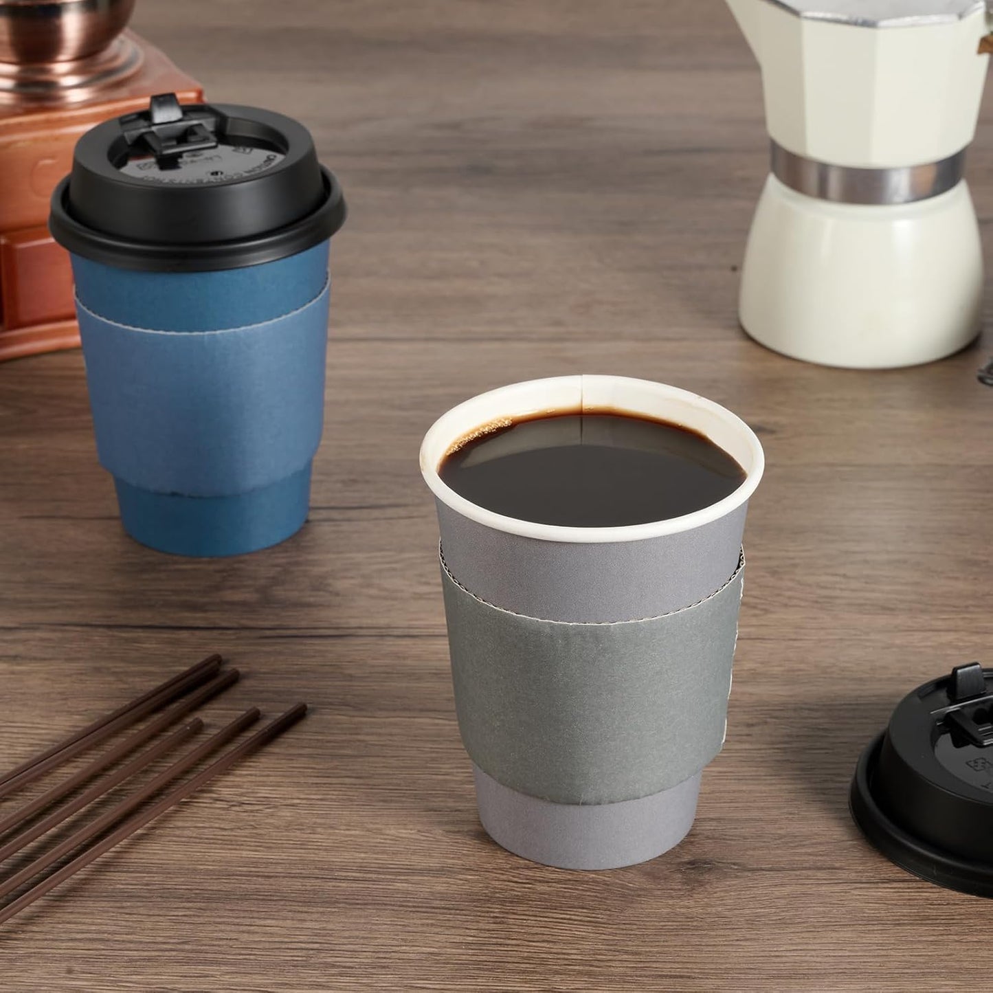 LITOPAK 100 Pack 12 oz Disposable Paper Coffee Cups with Lids, Sleeves and Stirring Sticks for Hot Coffee, Water or Juice, Blue and Gray Hot Paper Cups for Cafes, schools, offices, shops