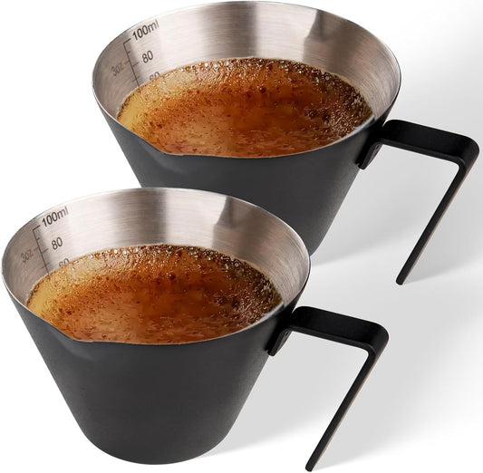 YARRAMATE 2Pcs Stainless Steel Espresso Shot Cup, Double Spout Metal Espresso Measuring Cup with V-Shaped Mouth, Espresso Accessories, 3.4OZ/100ML (Black)