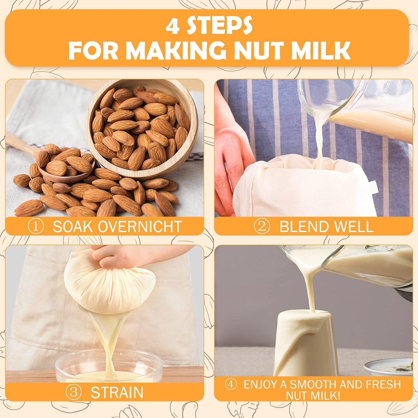 10 Pack Nut Milk Bag, Multi-size Fine Mesh Grade Reusable Cheesecloth Bags Strainers, Unbleached Organic Cotton Filter Bags for Almond Milk, Juices, ColdBrew, Cheese, Tea, Yogurt, Coffee