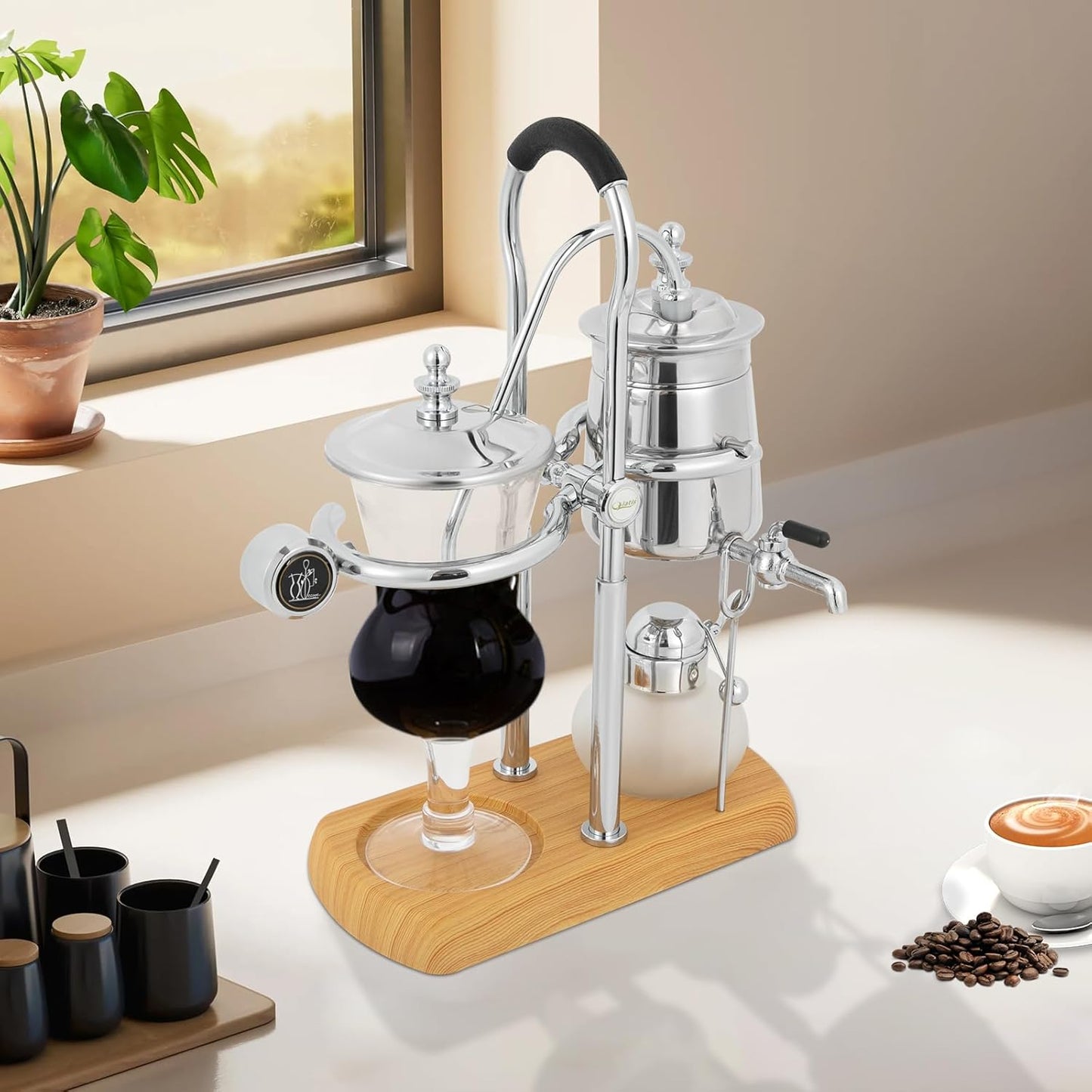 Belgian Syphon Coffee Maker, Belgian Belgium Royal Family Balance Syphon Siphon Coffee Maker Vacuum Brewing System w/Measuring Cup & lcohol Burne, Sliver