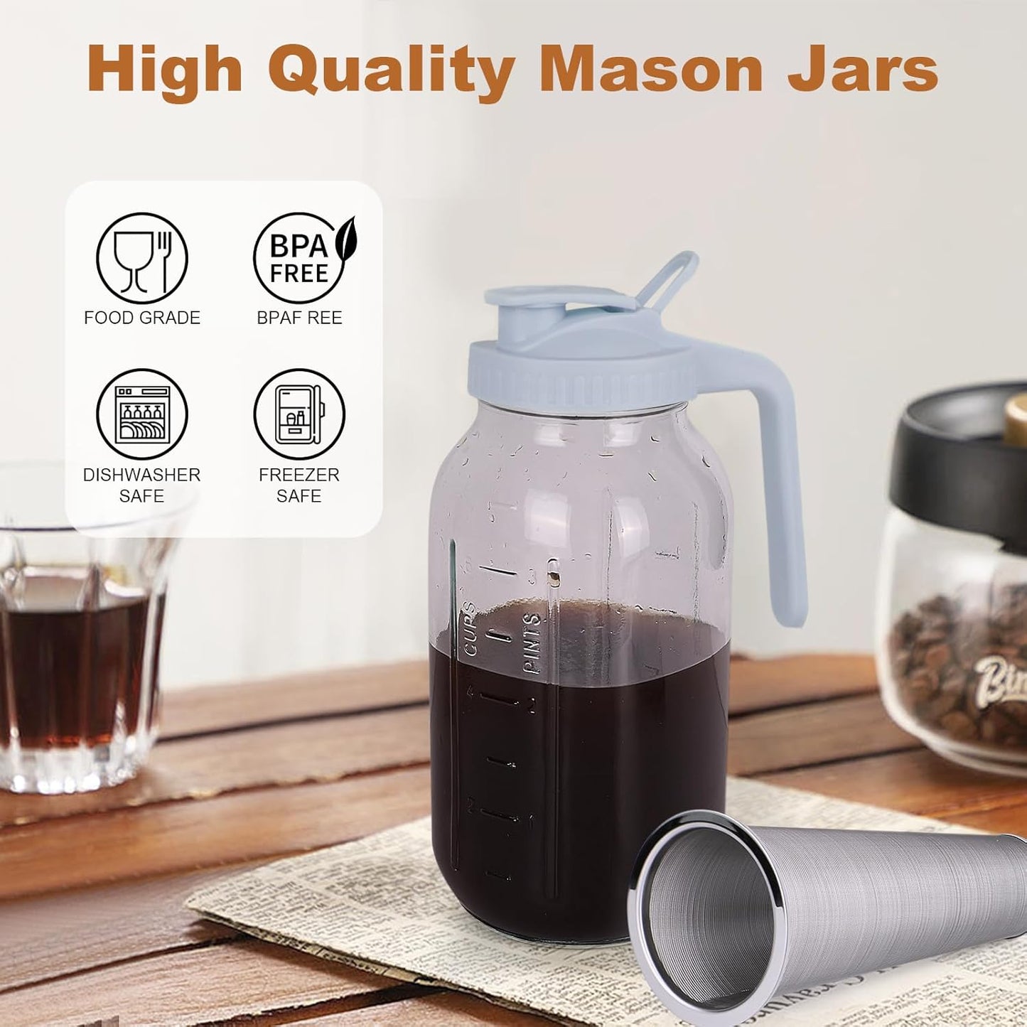 Cold Brew Coffee Maker,64 oz Mason Jar Pitcher with Stainless Steel Filter, Pour Spout Handle Lid, Heavy Duty Glass Airtight & Leak-Proof Pitcher for iced coffee Tea Lemonade-Gray