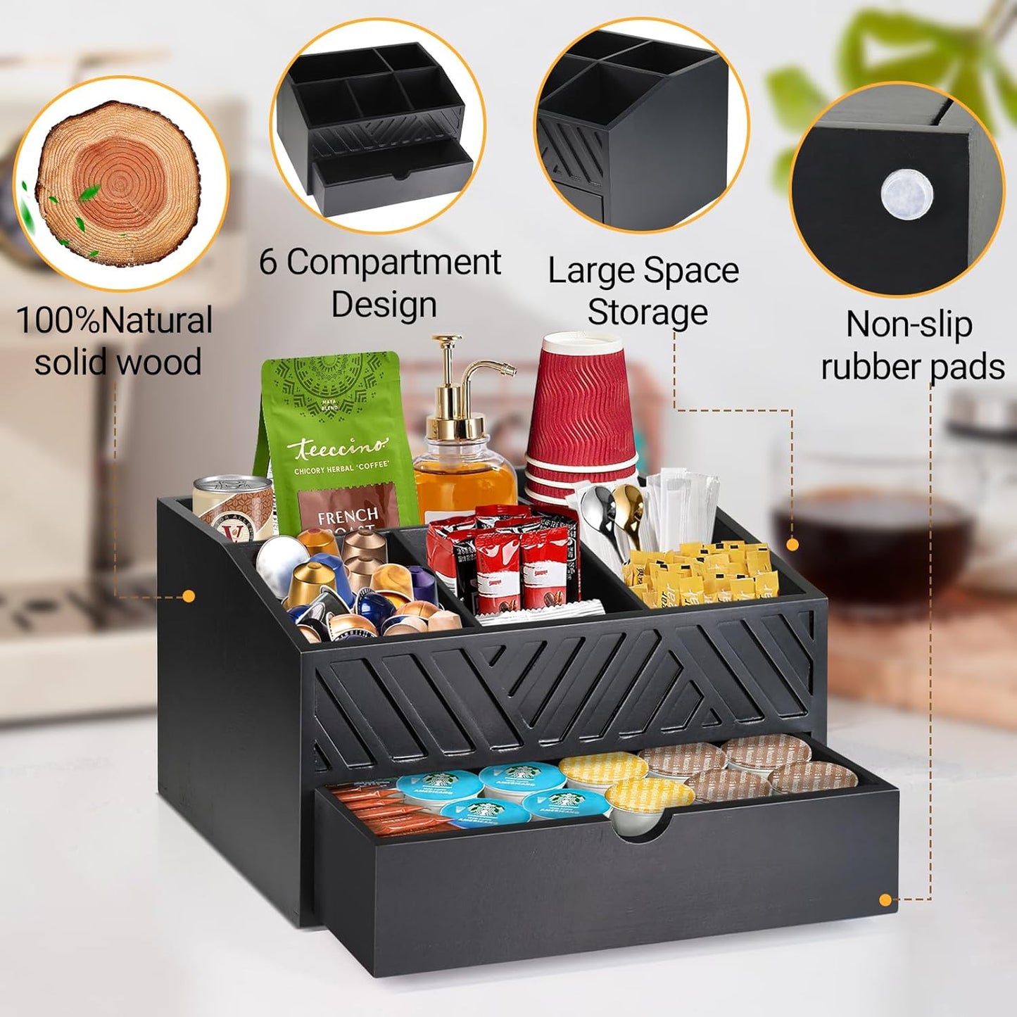 Farmhouse Coffee Bar Organizer - Wooden Countertop Station With Drawer, Pods Holder & Storage Basket