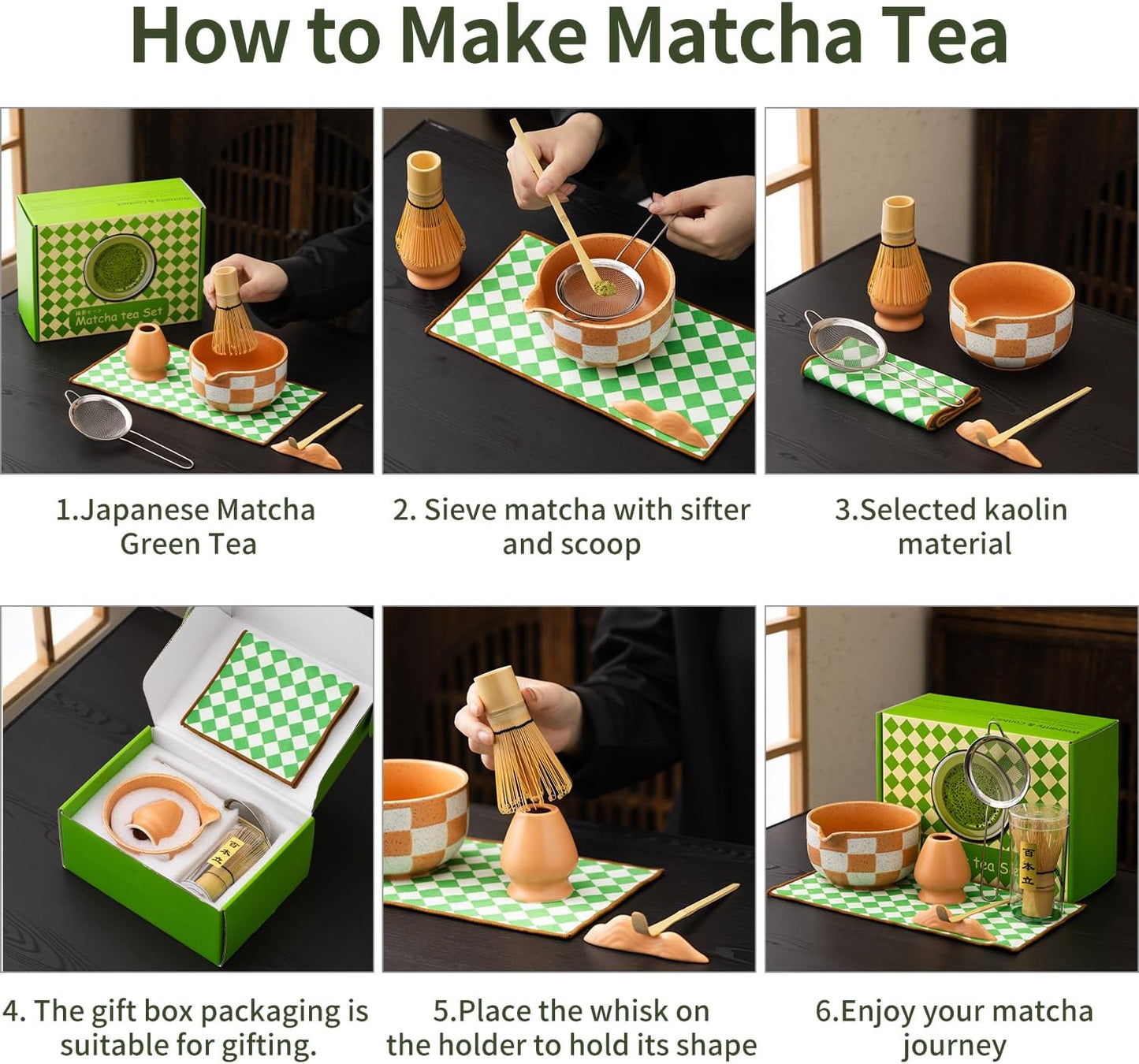 Premium 7-Piece Matcha Tea Set – Traditional Japanese Style with Elegant Grid Pattern, Includes Bamboo Whisk, Ceramic Bowl, Scoop & More – Perfect for Matcha Lovers & Tea Ceremony (Orange grid)