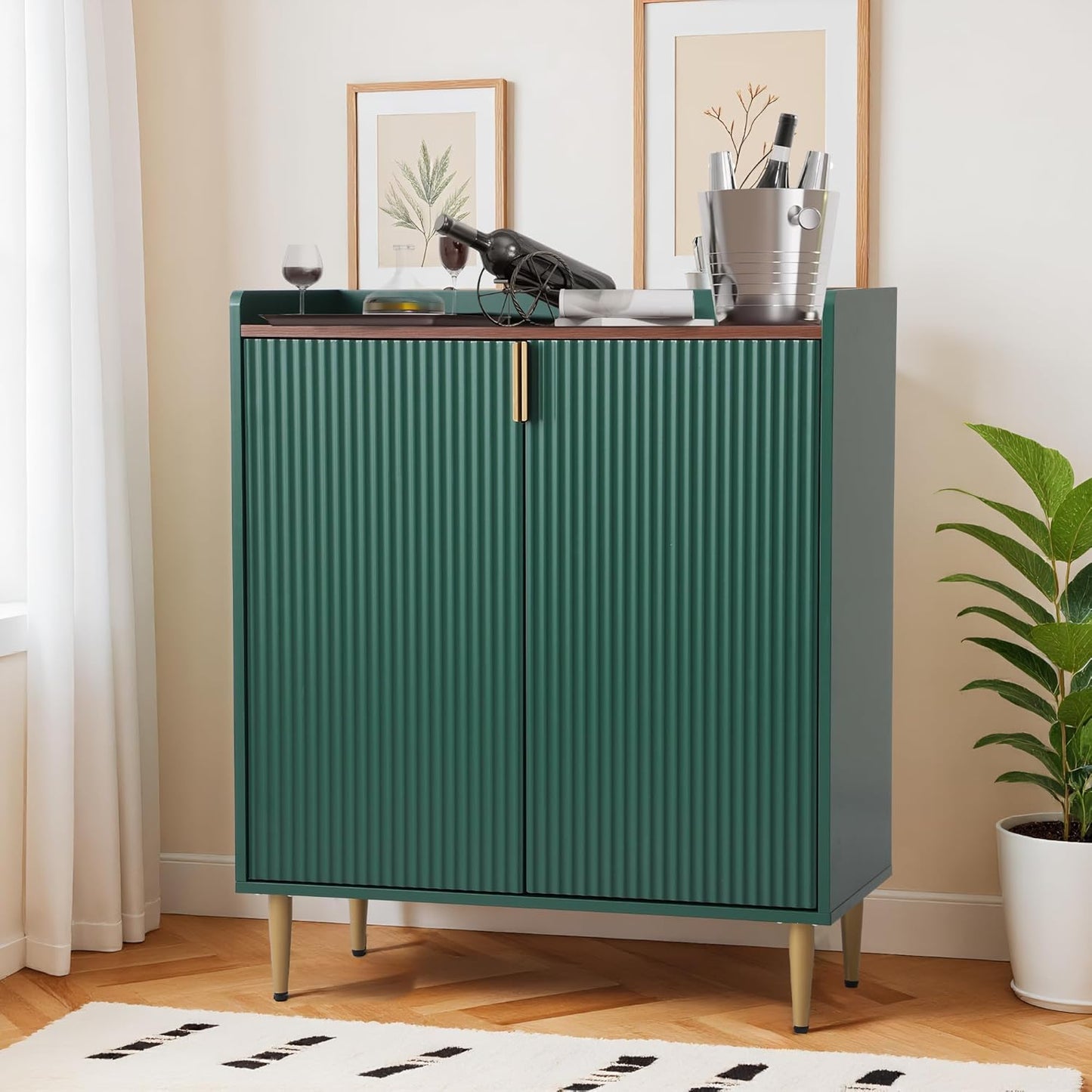 Wine Bar Cabinet Sideboard Buffet Cabinet with Wine Rack & Coffee Bar Station - Adjustable Shelves, Glass Holder and Storage Drawers for Kitchen, Dining Room, Living Room Green