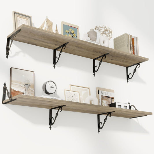 RICHFOCUS 12 Inch Deep Floating Shelves for Wall, 55" W x 12" D Wood Wall Shelves Set of 2, Wide Floating Shelves for Living Room, Bedroom, Kitchen, Bathroom and Decor Storage, Grey