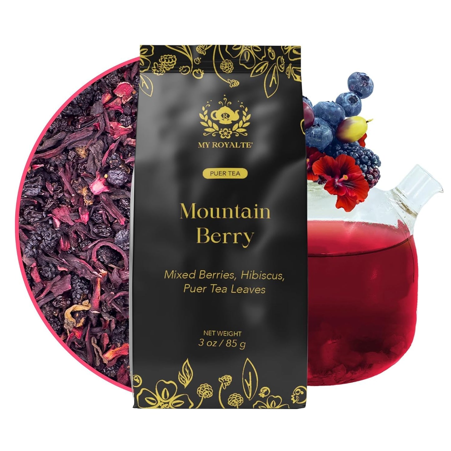 MyRoyalte Mountain Berry Puerh Tea Organic - Hibiscus Tea Loose Leaf Tea With Blueberries Grapes Mullberries - Pu'er tea Rosehip Tea - Organic Herbal Tea Chinese Tea Gift Idea for Tea Lovers - 3 oz
