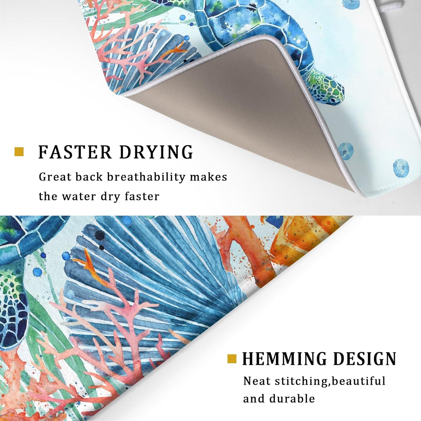 Giwawa Sea Turtle Dish Drying Mat 18x24in Watercolor Blue Tortoise Dish Drainer Mats Nautical Ocean Coral Seashell Seaweed Microfiber Dish Drying Pad for Kitchen Countertop Large Decor