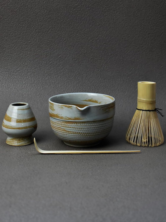 Matcha Tea Set – 4 Piece Traditional Japanese Matcha Kit with Pouring Spout Bowl, Whisk, Holder, Scoop & Guide – Ceramic Matcha Bowl for Authentic Tea Ceremony & Daily Ritual