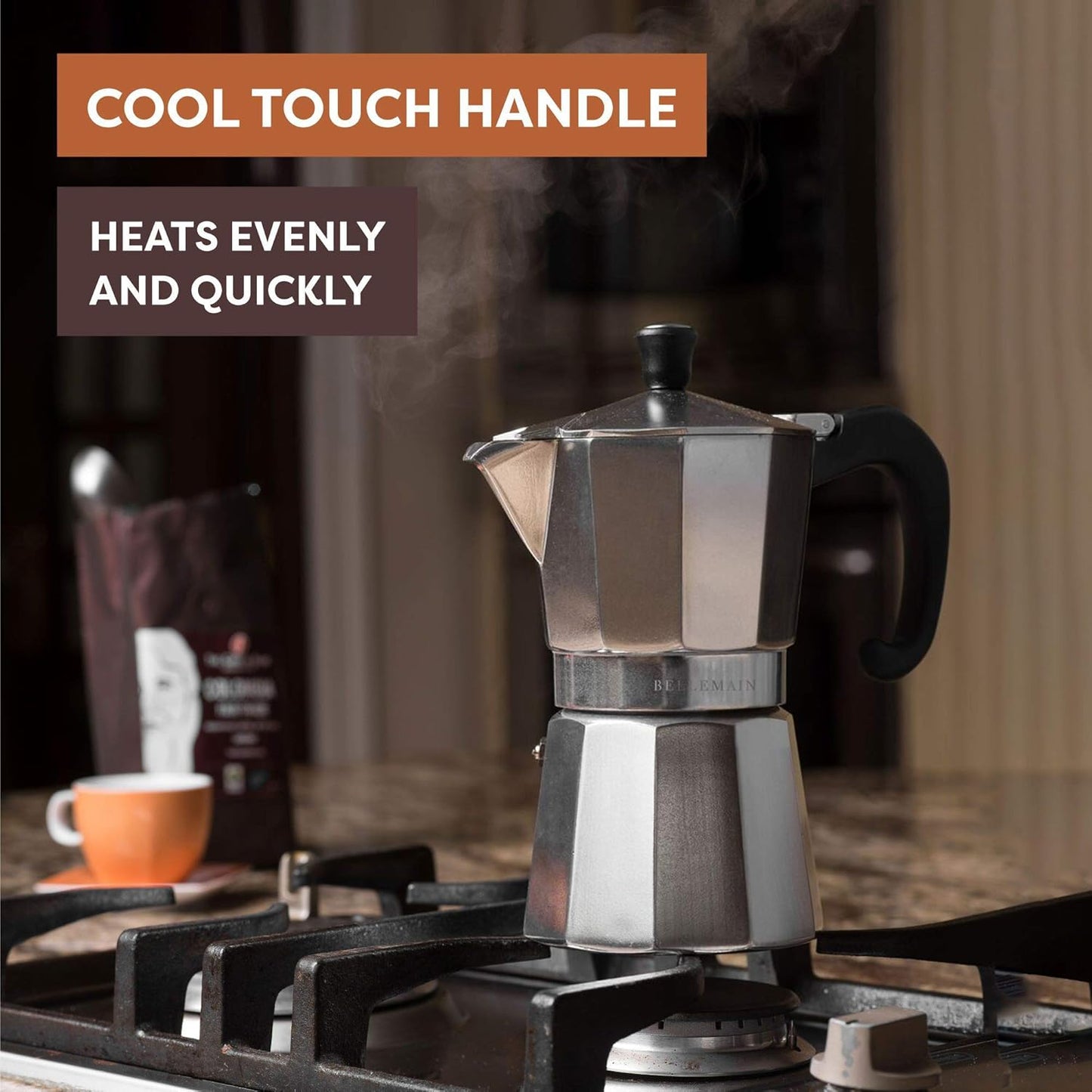 Bellemain Stovetop Espresso Maker | Italian Moka Pot Espresso Maker, Classic Aluminum Design Mocha Pot for Home Brewing & Camping | Easy to Use & Clean - 6-Cup, Silver