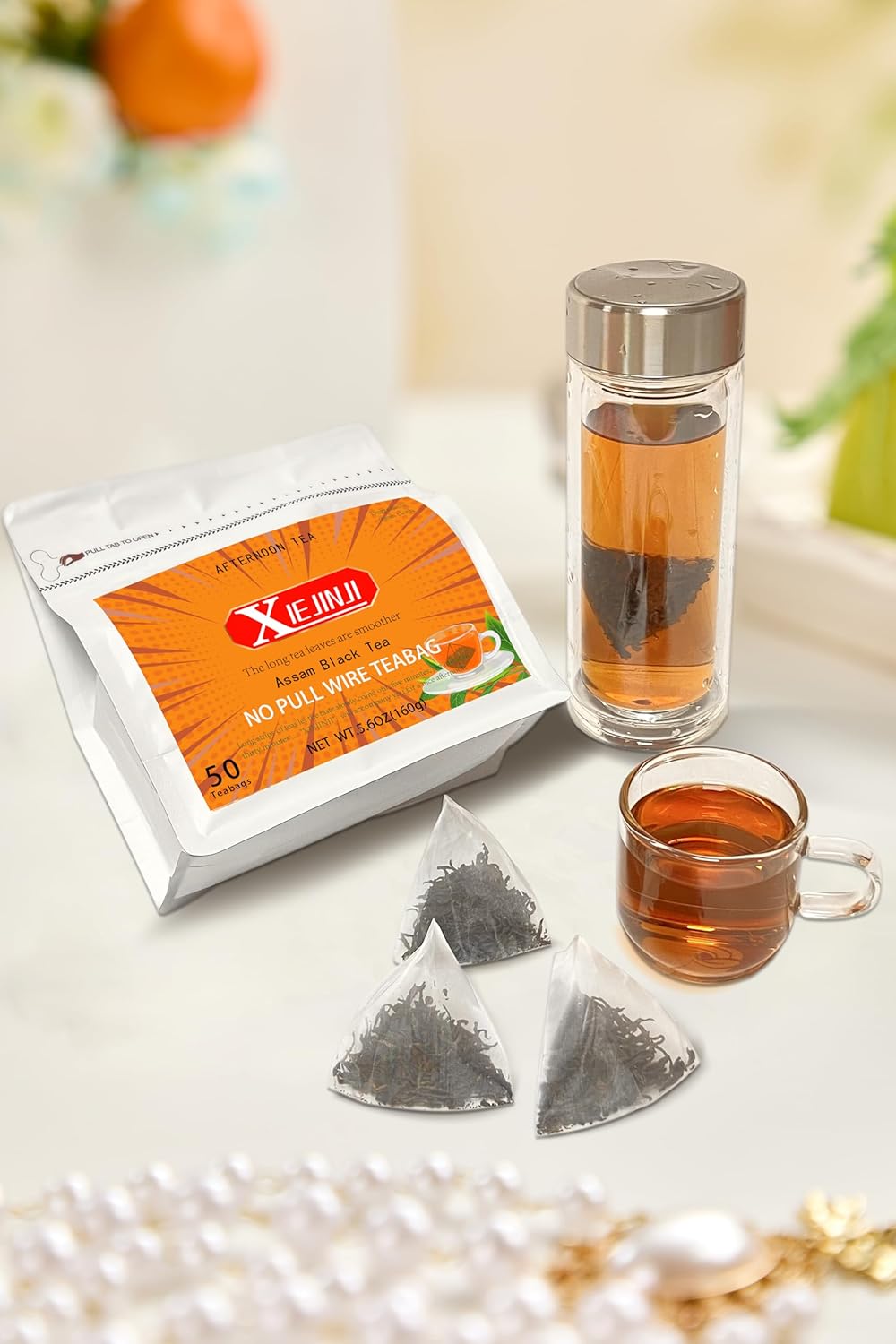XIEJINJI Premium Assam Black Tea - Eco-Conscious Black Tea Bags - Resealable Bag - 3.2g x 50 Count - English Breakfast Tea - Repeated Brewing