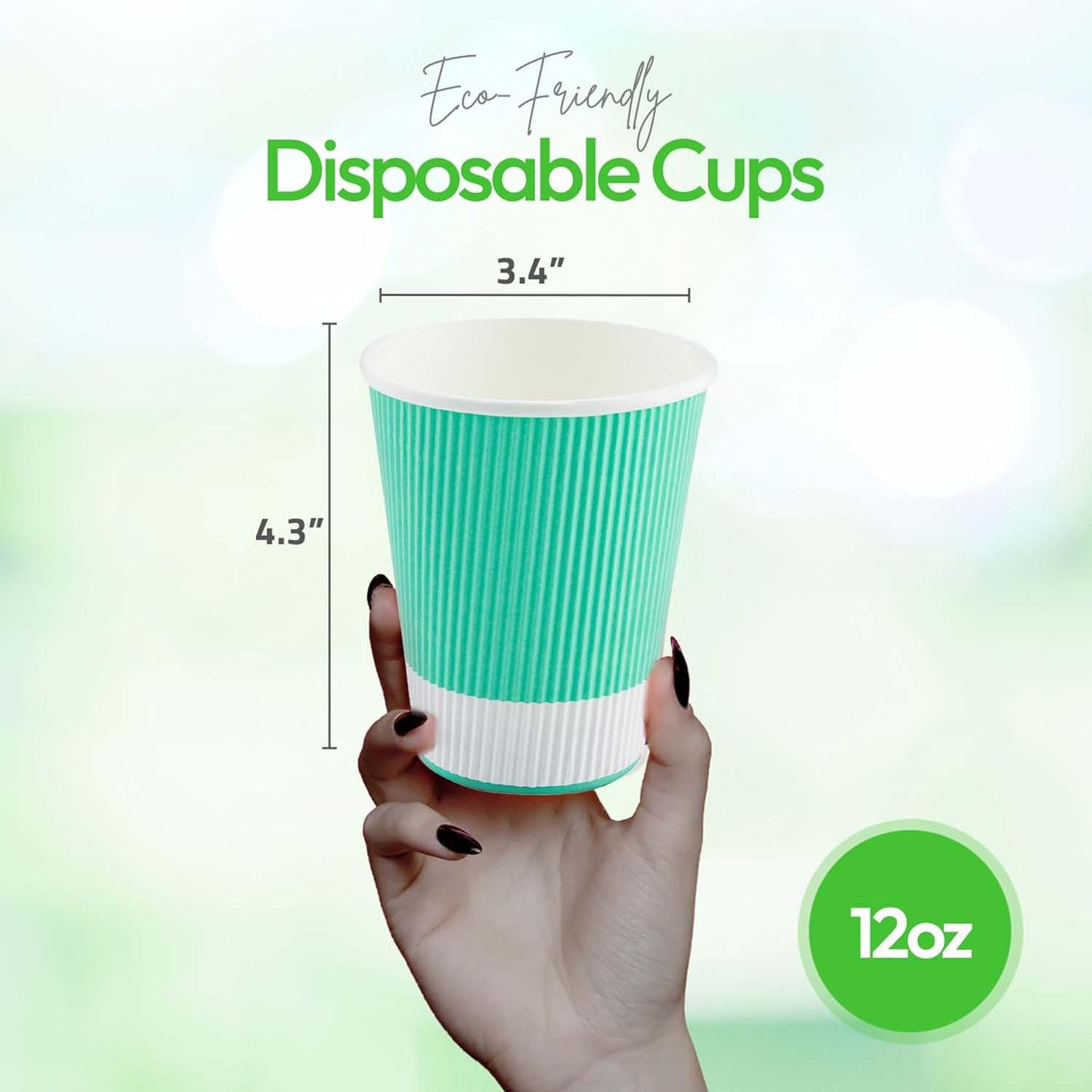 Restaurantware 12 Ounce Ripple Wall Disposable Coffee Cups, 500 Insulated Midnight Light Green Paper Tumblers with Rolled Rim Design, Lids Sold Separately for Hot Drinks like Tea, Hot Chocolate