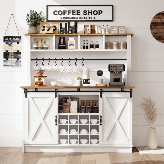 4ever2buy Farmhouse Coffee Bar Cabinet with 4 Storage Hutch, 55 Inch Wine Bar with 12 Wine Racks and 8 Hooks, Hutch Storage Cabinet with Sliding Barn Doors for Kitchen Dining Living Room, White
