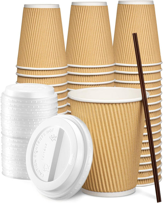 GUSTO [12 oz. - 100 Count Insulated Kraft Ripple Paper Hot Cups, Disposable Coffee Cups With Lids - Ideal for Hot Beverages, Travel, and Office Use (Formerly Comfy Package)