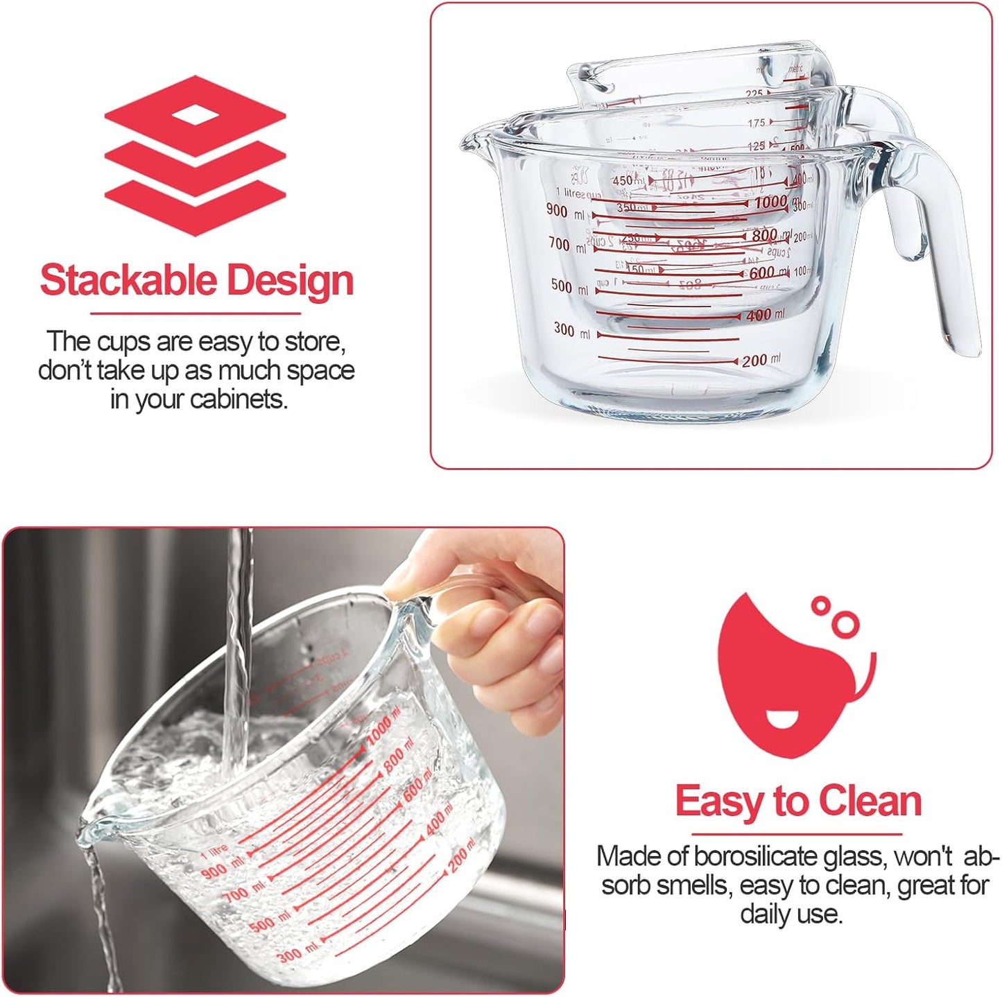 M MCIRCO 6 Pcs Glass Measuring Cups with Lids Set, 1-Cup, 2-Cup, 4-Cup Measuring Jugs with Handle, Nesting Liquid Measuring Cups for Kitchen