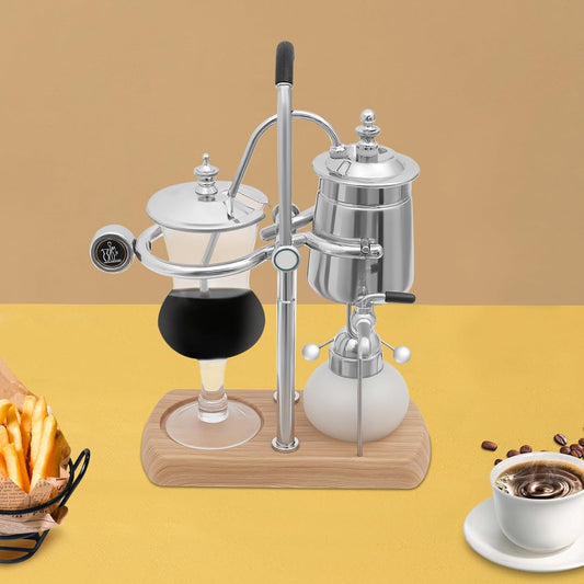 Belgian Luxury Royal Family Balance Syphon Coffee Maker Belgium Siphon Brewer Elegant Design Retro-Style Gravity Vintage Coffee Maker Vacuum Brewing System Copper (Silver)