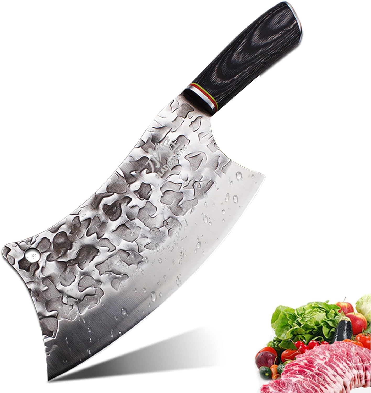 BLADESMITH Butcher Knife 8“, Forged Meat Cleaver Kitchen Knives, Curved High Carbon Steel Blade, PakaWood Handle, for Slicing and Cutting