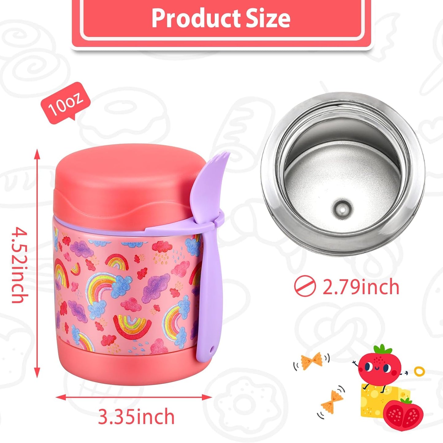 10oz Soup Thermo for Hot Food Kids,Lunch Thermo Kids Food Jar with Spoon Hot Insulated Food Containers,Leak Proof Stainless Steel Wide Mouth Lunch Food Thermo Jar for School(Pink-Rainbow)