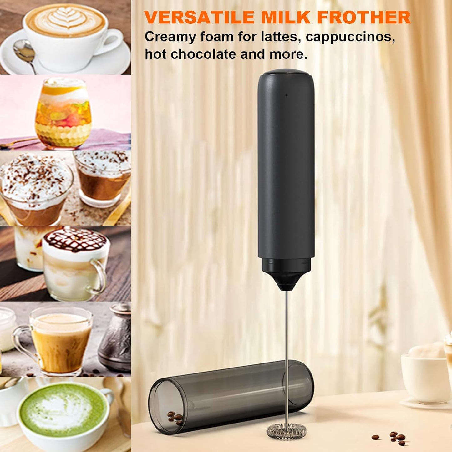 Rechargeable Milk Frother with Cover, Easy to Carry Drink Mixer Handheld, Electric Frother Wand for Coffee, Latte, Cappuccino, Frappe Drink, Hot Chocolate, Black