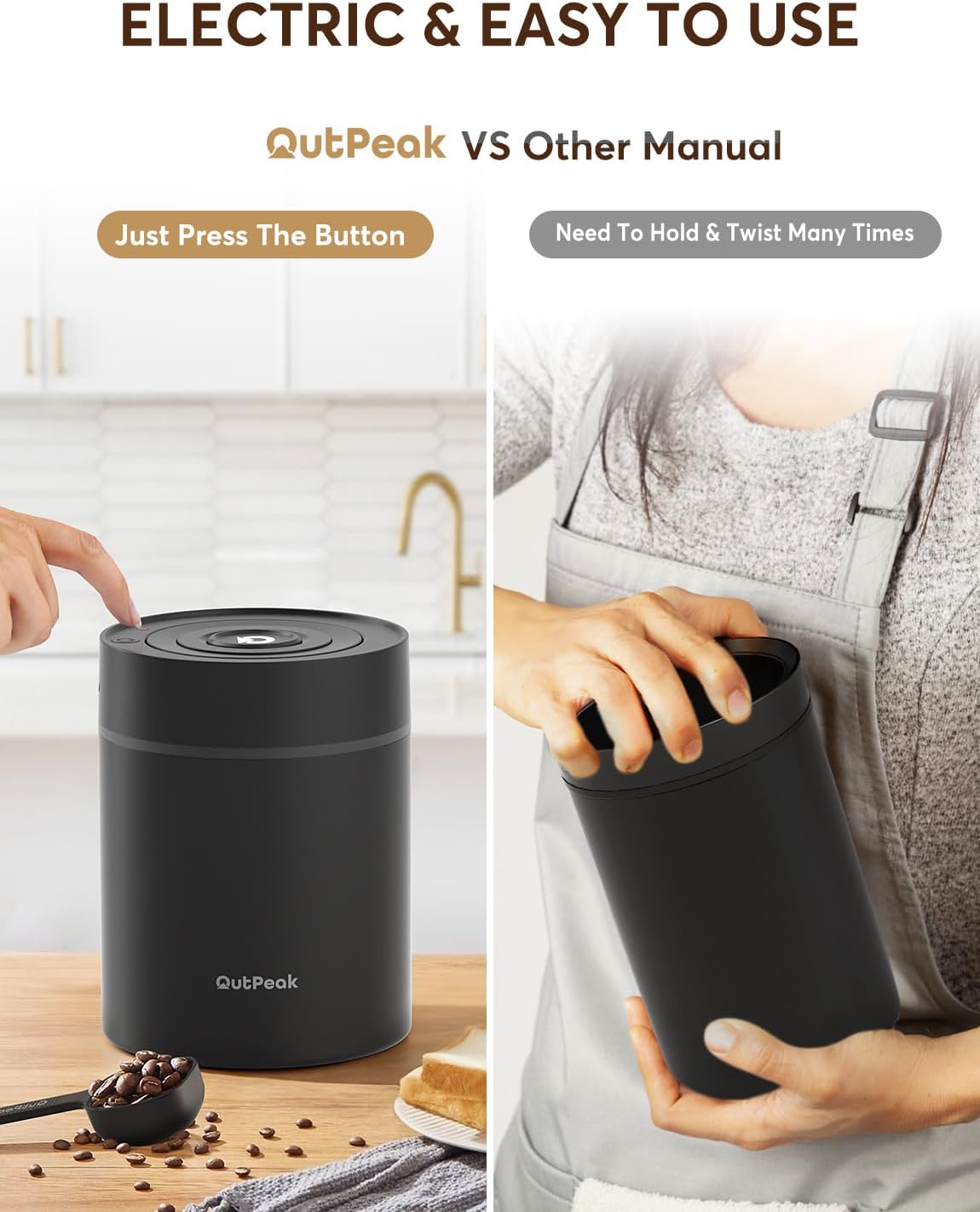 OUTPEAK Neo 2025 Auto Vacuum Coffee Canister, 0.5L for 4.6oz Coffee Beans, One-Button Operation, Small Airtight Coffee Canister with Scoop, Coffee Storage Container Stainless Steel (Champion's Choice)