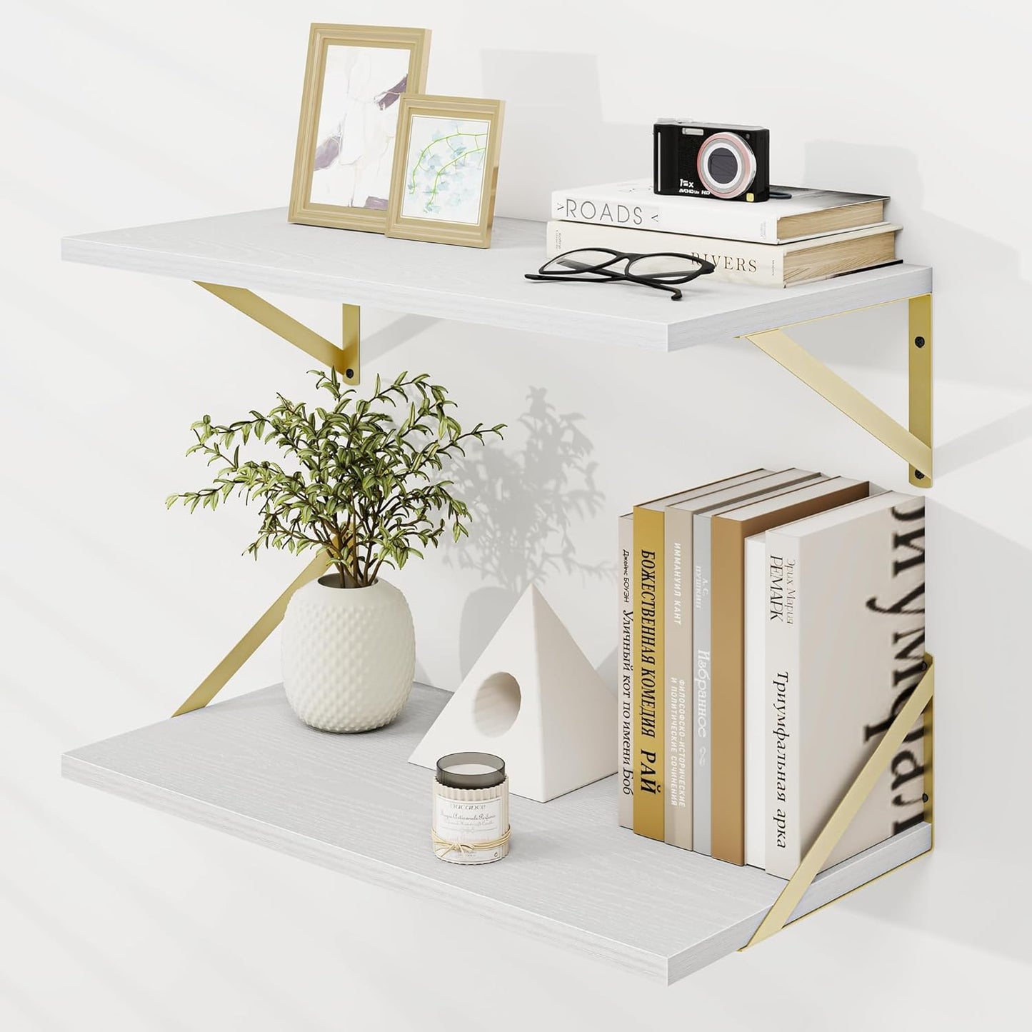 Dreamland Gold Shelves for Wall, White Wood Wall Mounted Shelves, Large Floating Shelf 12 * 24 inch Set of 2 for Bookshelf Living Room Bedroom Home Office Bathroom