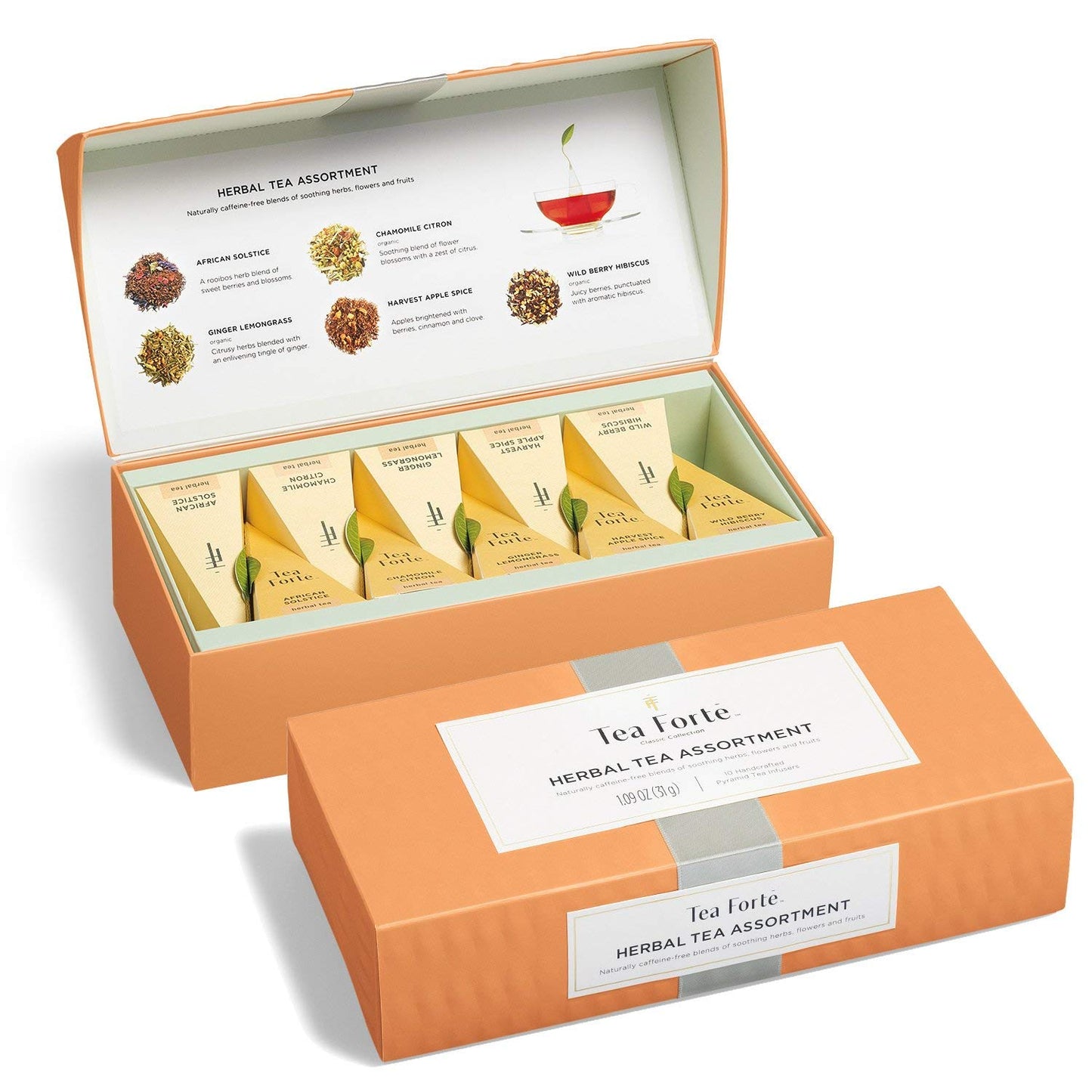 Tea Forte Assorted Herbal Petite Presentation Box Tea Gift Set Sampler, 10 Count, 2 of Each Variety Individually Wrapped Handcrafted Pyramid Infuser Bags