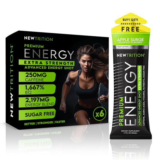 NewTrition® Extra Strength Energy Shots, 250mg Caffeine Energy Shots with Vitamin B & Amino Acids, Sugar-Free Vitamin Energy Shot, 1.7 fl oz (Pack of 6, Apple Surge)