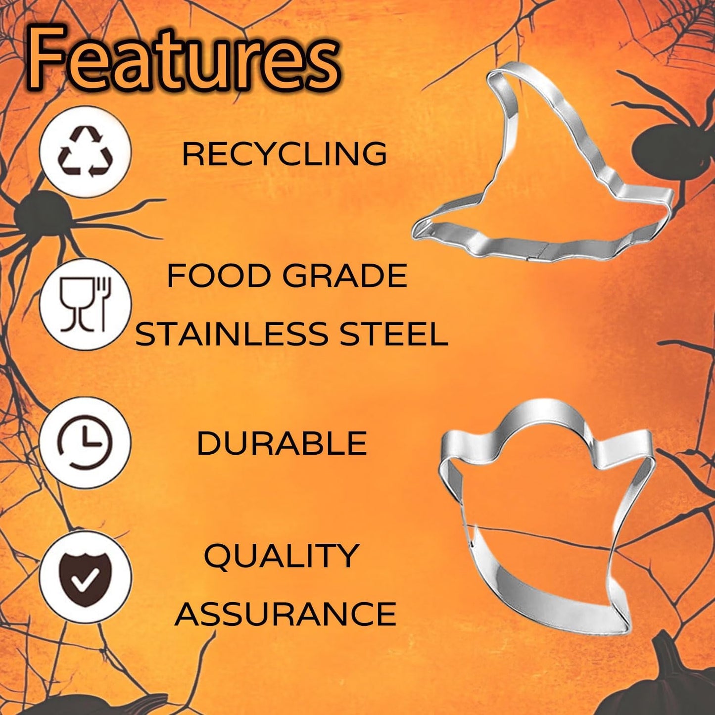 5-PIECE Halloween Cookie Cutters Set Stainless Steel cookie cutter molds Pumpkin, Bat, Ghost, Witch's Hat, Cat Cat Cookie Cutters Holiday Decorative Party Supplies