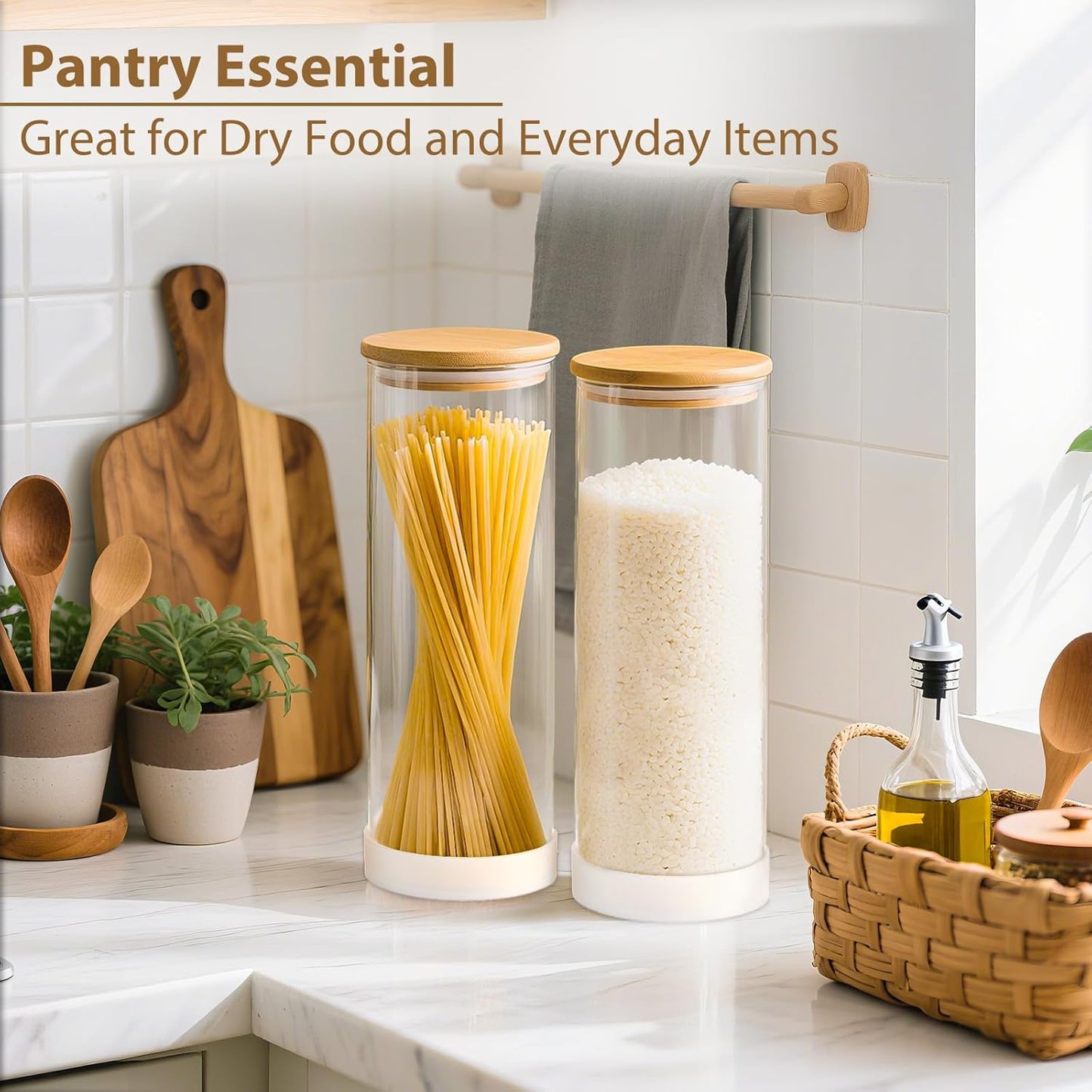 73oz Round Glass Storage Containers with Bamboo Lids – 3 Pack Large Airtight Clear Food Jars for Pantry Organization, Kitchen Dry Food, Flour, Pasta, Coffee Beans, Staples & Snacks