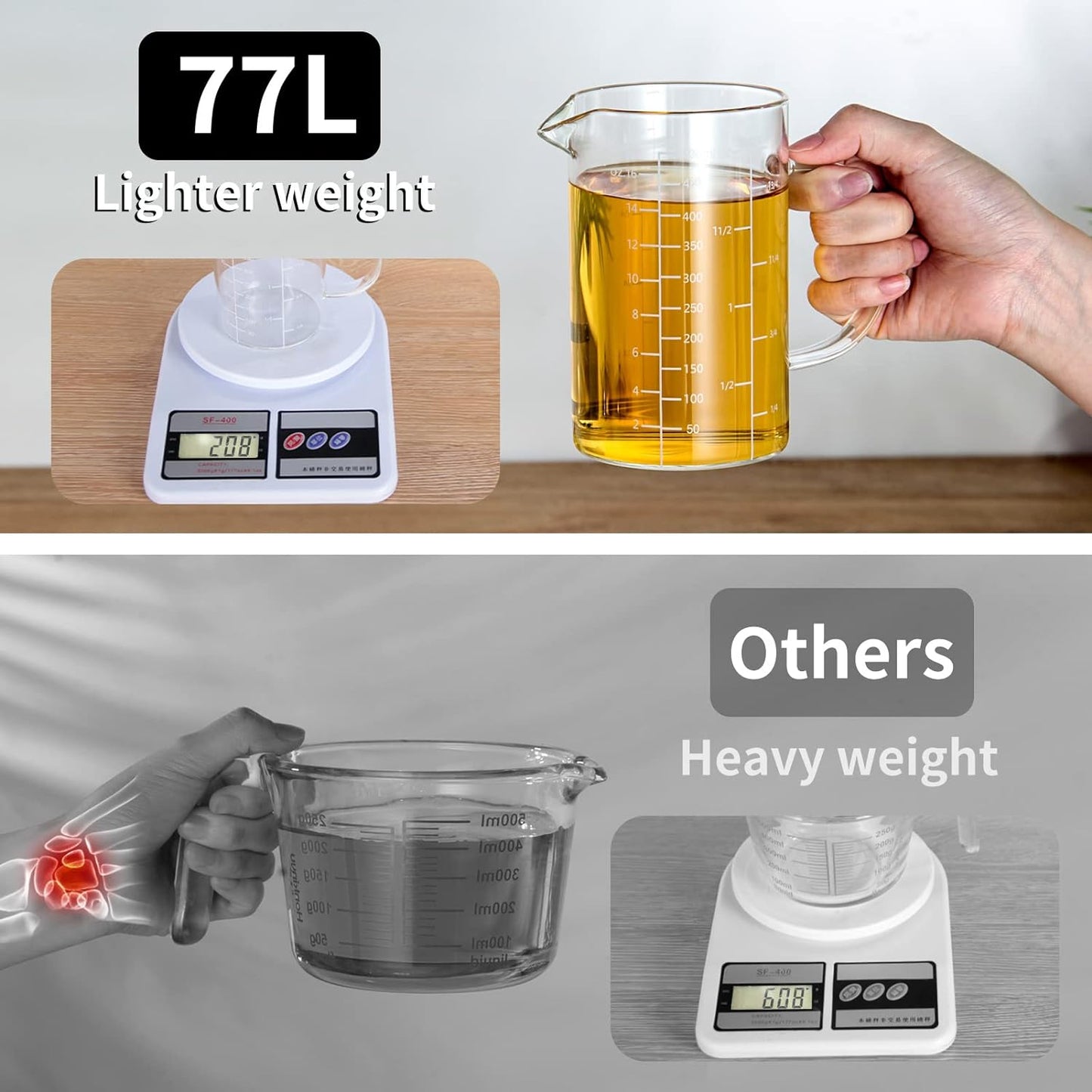 77L Glass Measuring Cup, [Insulated handle, V-Shaped Spout], High Borosilicate Glass Measuring Cup for Kitchen or Restaurant, Easy To Read, 500 ML (0.5 Liter, 2 Cup)