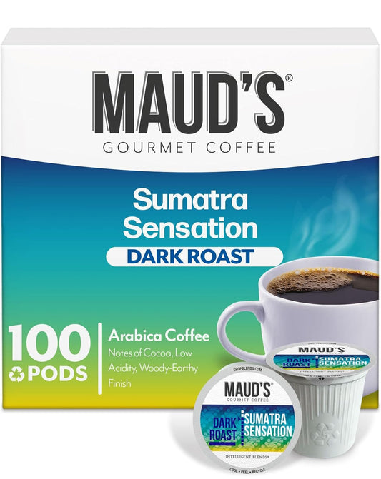 Maud's Sumatra Coffee Pods, 100 ct, Dark Roast Coffee in Recyclable Single Serve Pods – 100% Arabica Coffee, Compatible with Keurig K Cups Maker