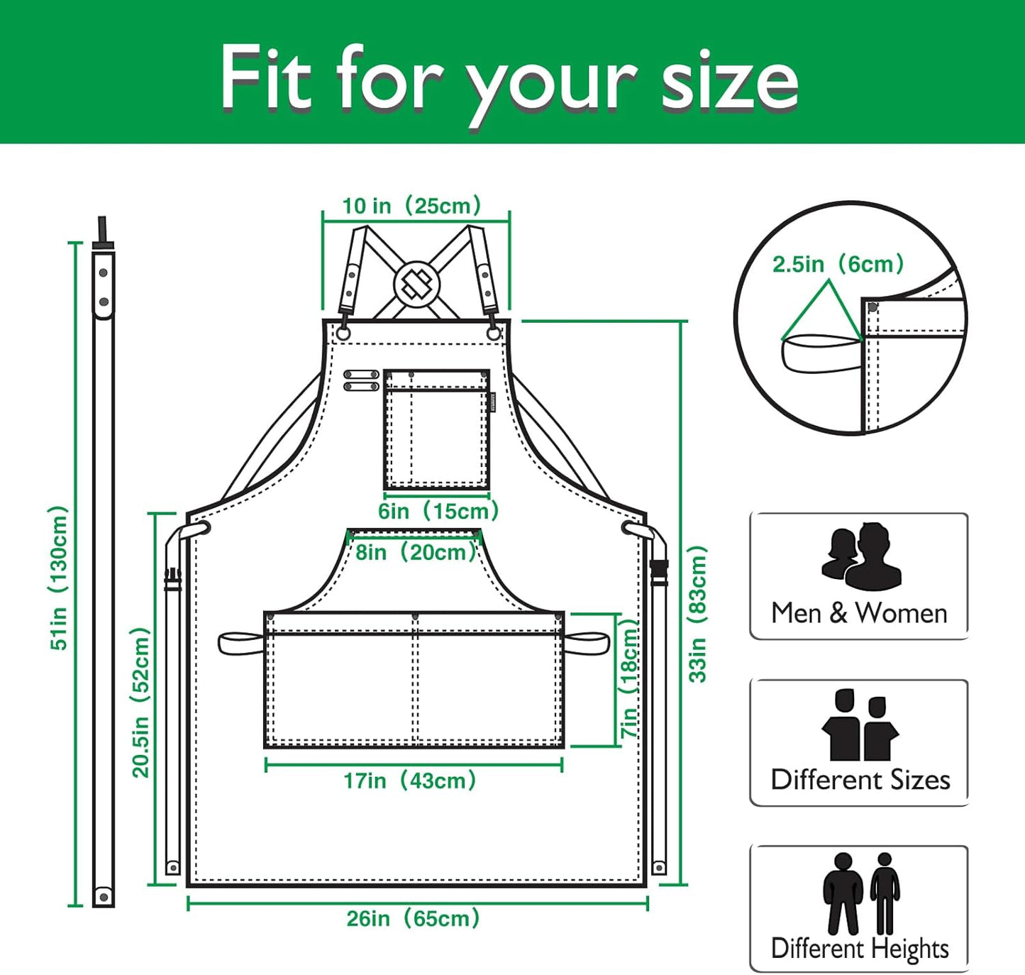 Kitchen Apron, Work Apron, Canvas, Multiple Pockets, Gardening, Painting, BBQ, Artist, Carpenter, Sizes M to XXL, Green