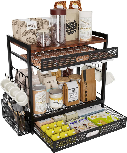Coffee Bar Organizer Station with CoffeePod Drawer Mug Cup Holder and Tea Condiment Storage Kitchen Countertop Organizer CoffeeBar Accessories for Kitchen,Home,Office