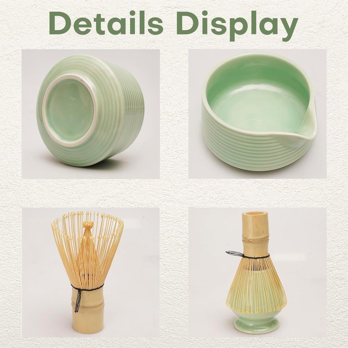 Matcha Whisk Set - 4PCS Matcha Set Includes Matcha Bowl with Spout, Matcha Whisk Holder, Bamboo Whisk and Bamboo Scoop, Ceramic Matcha Kit