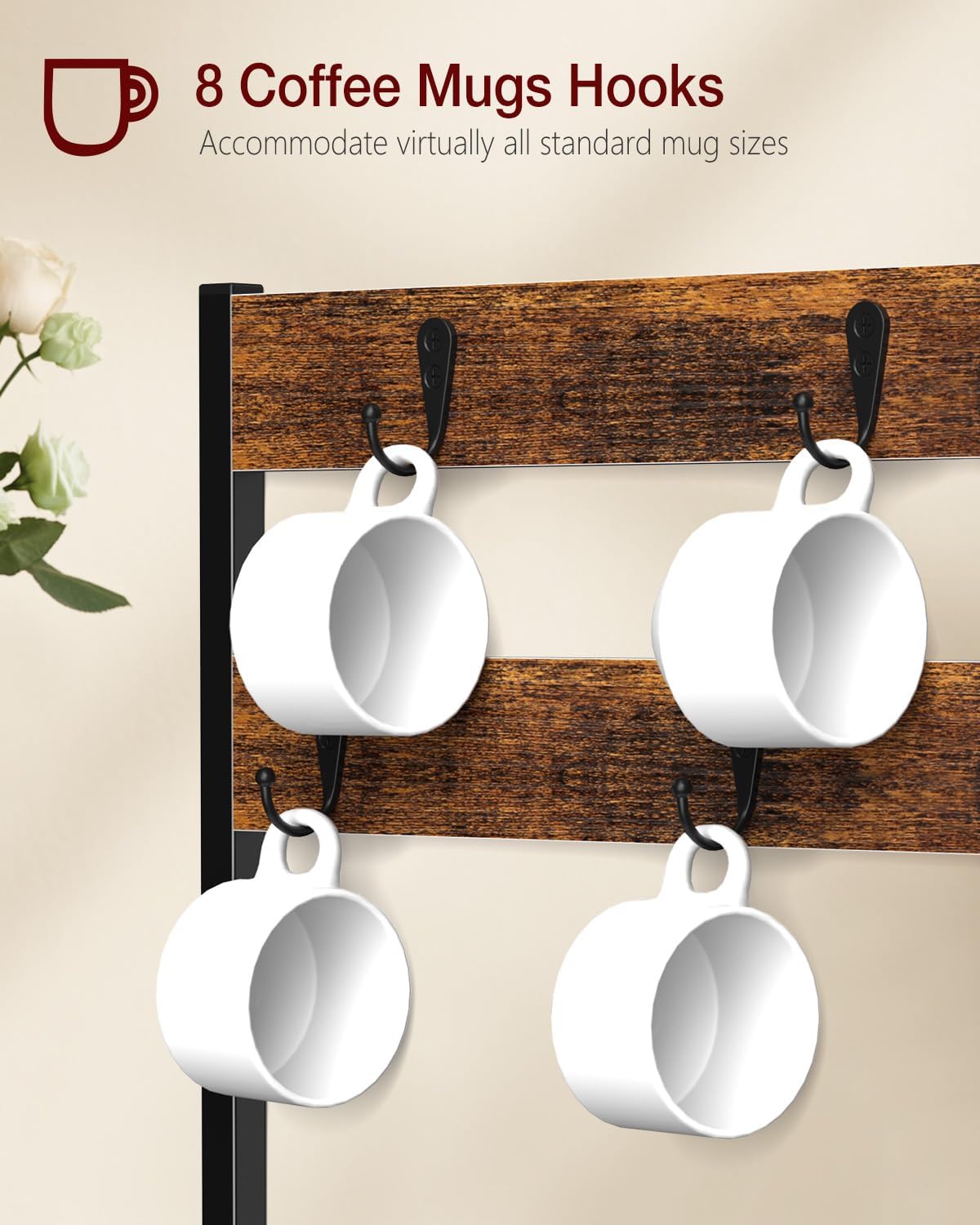 K Cup Holder, 35 Pod Capacity, Coffee Pod Holder Compatible with Keurig, Coffee Station Organizer for Countertop with Cup Rack, Rustic Brown