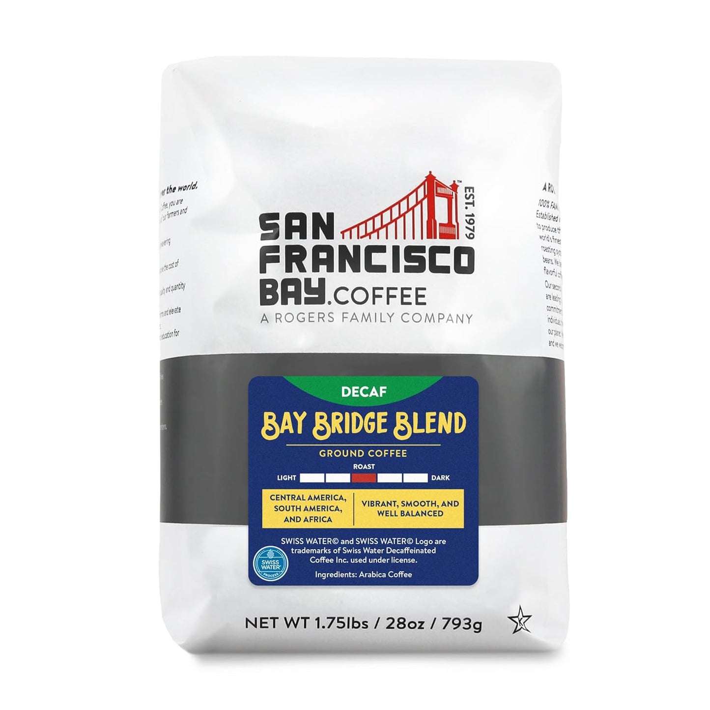 San Francisco Bay Ground Coffee - DECAF Bay Bridge Blend (28oz Bag), Medium Roast, Swiss Water Processed