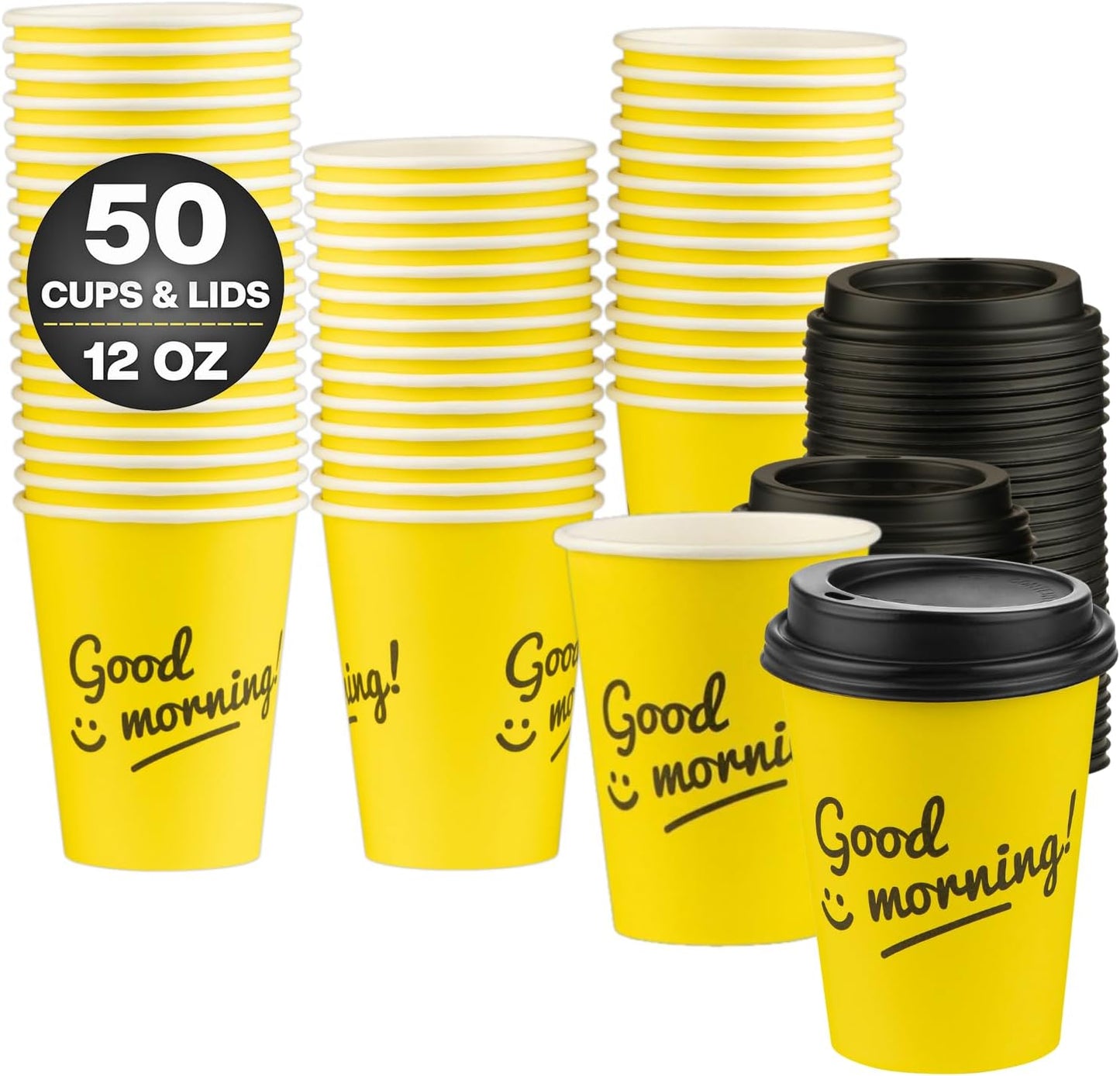 Smygoods Disposable Coffee Cups with Lids, To Go Paper Hot Cups, Good Morning Design (12 OZ, 50 Count) For Hot Beverages, Coffee, Tea, Espresso, Cocoa - Vasos Para Cafe