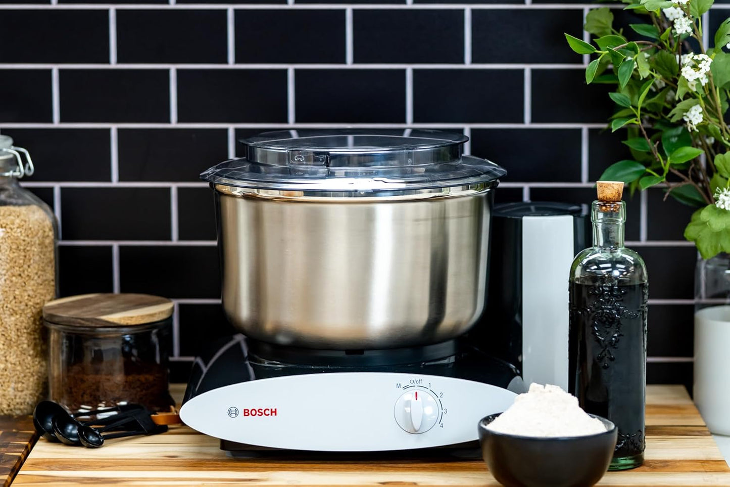 Bosch Universal Plus Stand Mixer with Stainless Steel Bowl with NutriMill Dough Hook Extender Bundle- Black 500 Watt